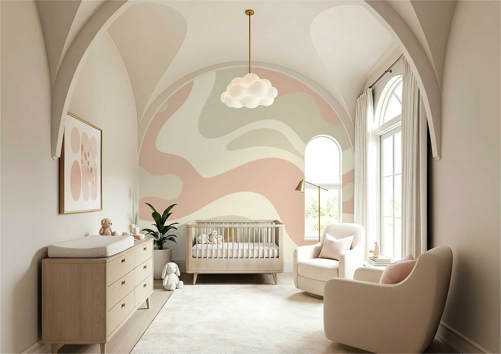 Modern nursery with wavy pink and white wall design, crib, Buffalo Bunny wallpaper, and furniture.