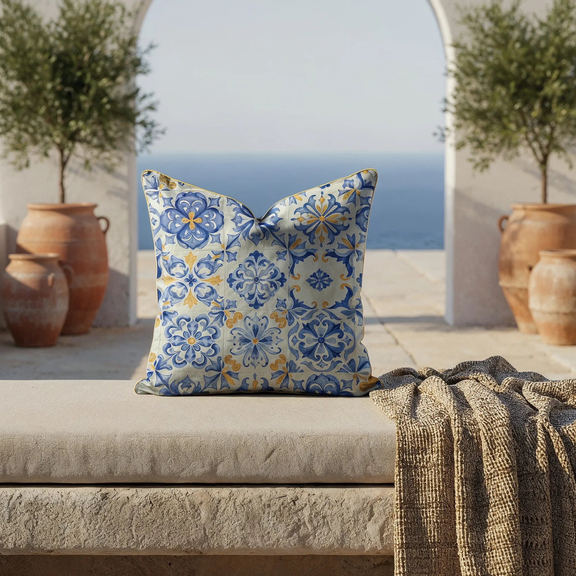 Azzurro Tile Motif Mediterranean Throw Pillow