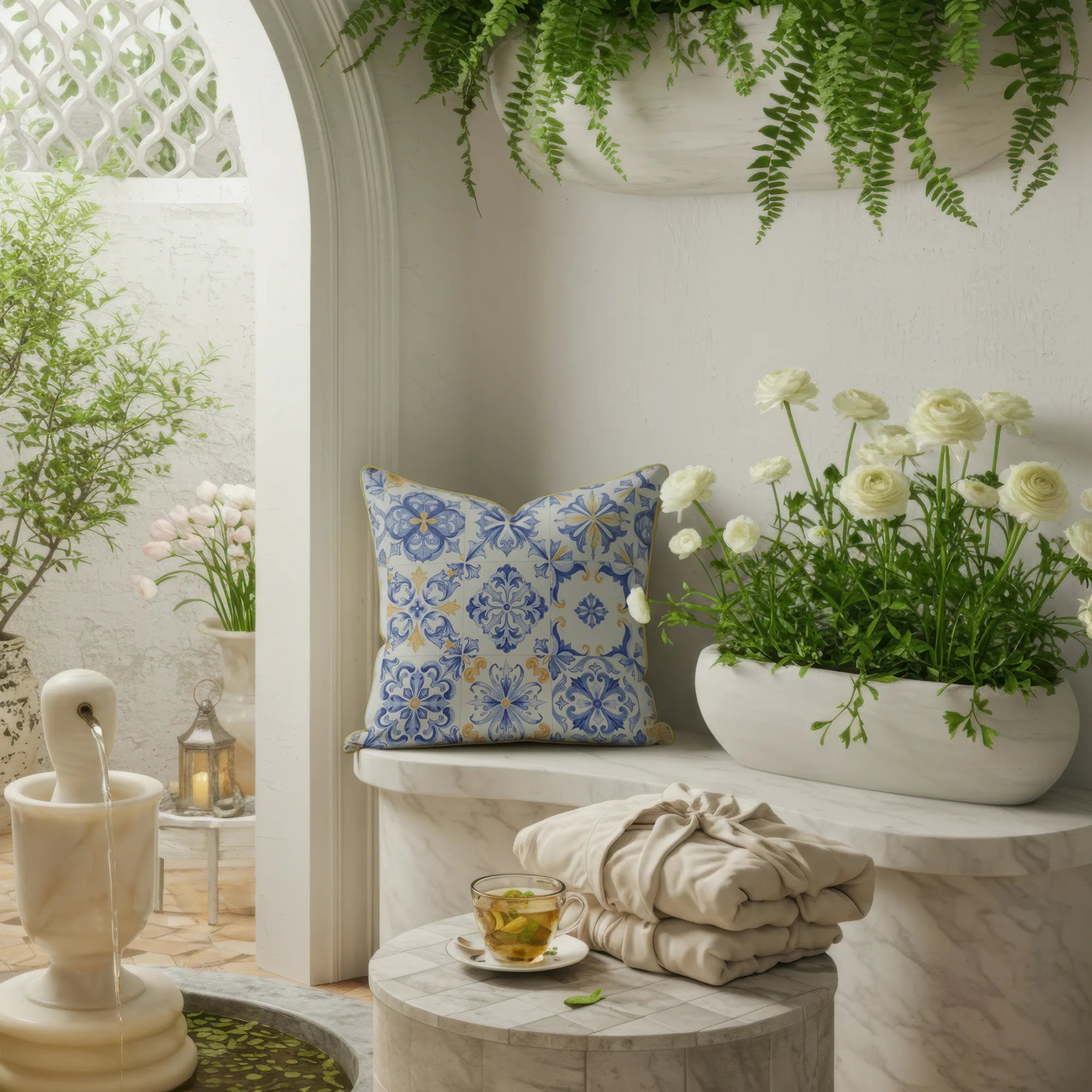 Azzurro Tile Motif Mediterranean Throw Pillow