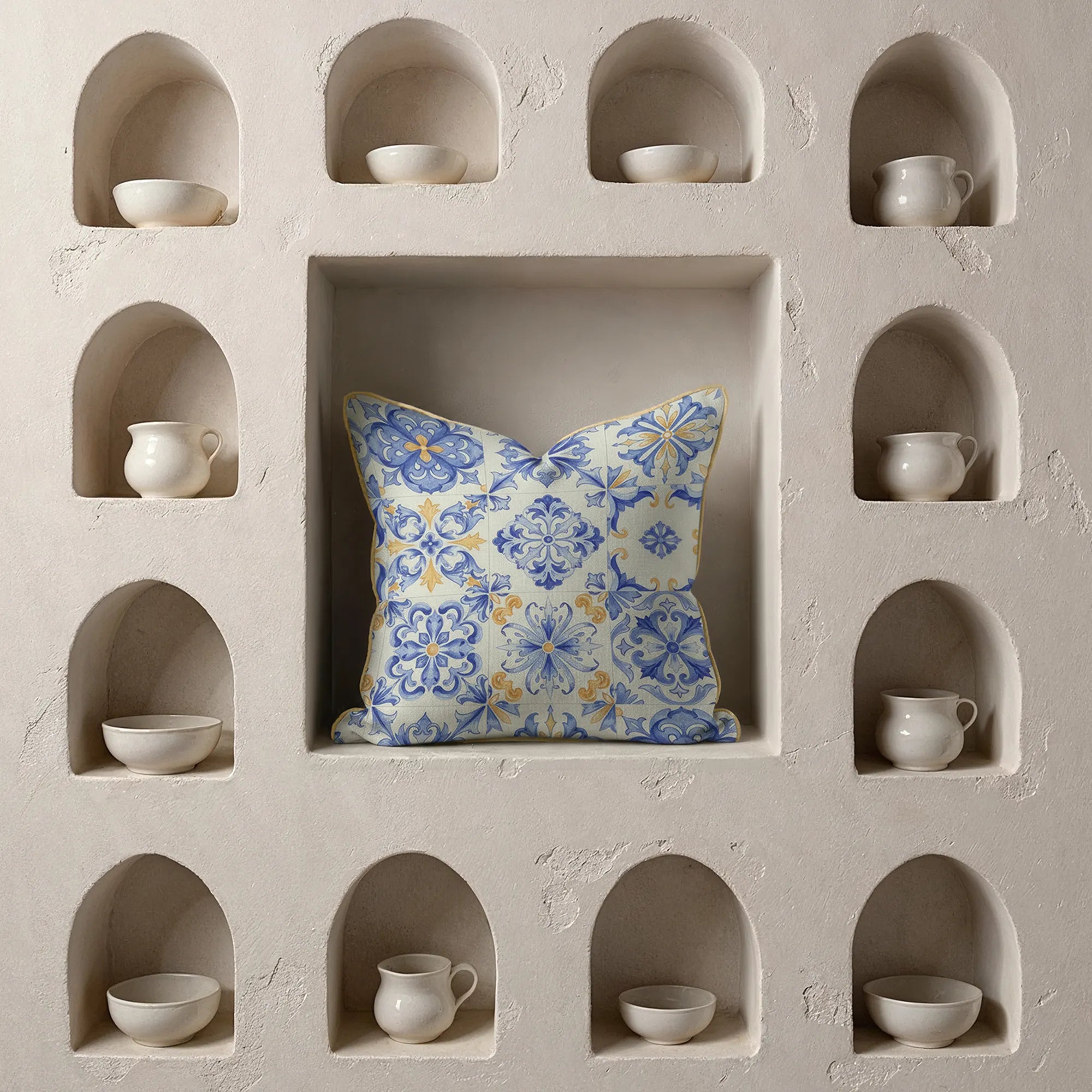 Azzurro Tile Motif Mediterranean Throw Pillow
