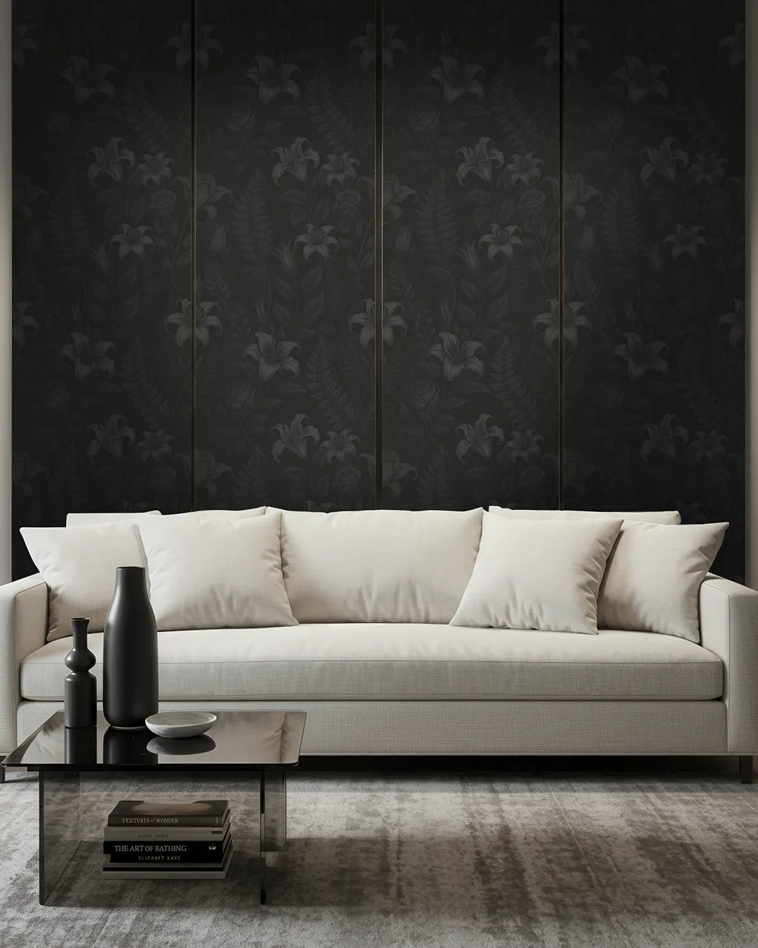 White sofa in a room with dark floral wallpaper by Buffalo Bunny.