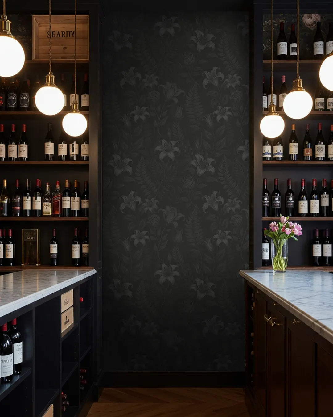 Wine bottles on shelves with a dark floral wallpaper in the middle of the image by Buffalo Bunny.