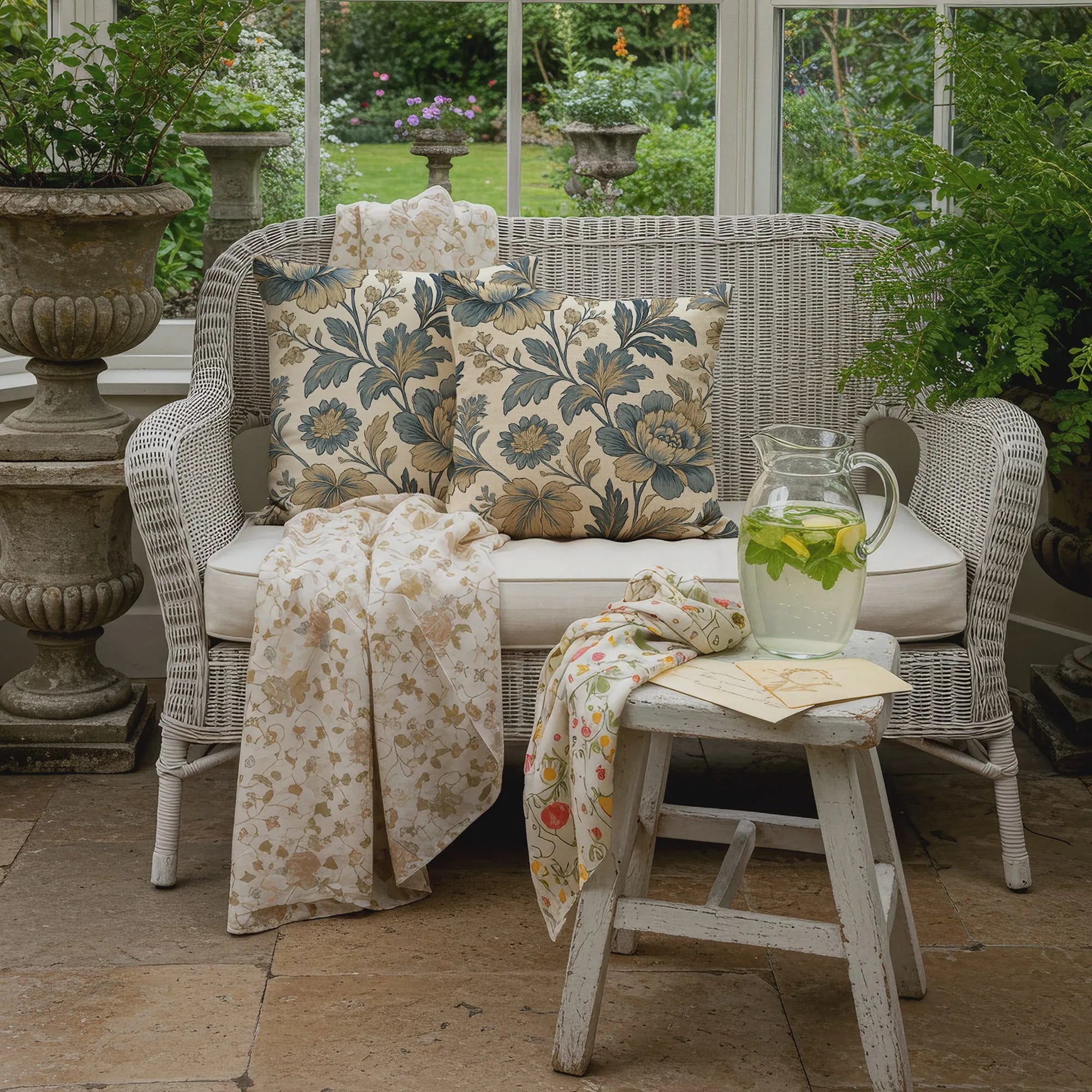 Floral throw pillows with large blue and beige botanical pattern on white wicker loveseat in garden conservatory setting.
