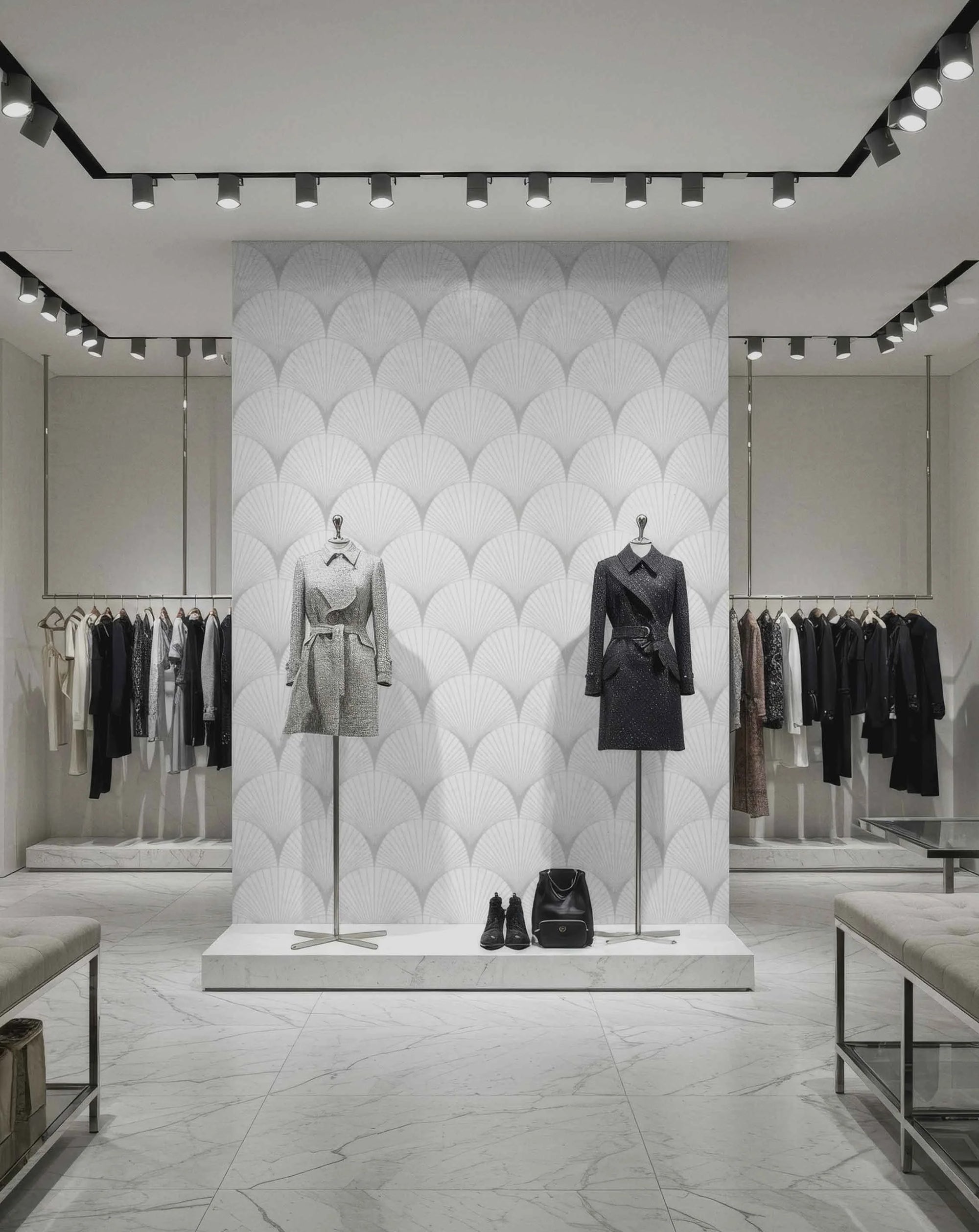 Fashion store interior with mannequins displaying light and dark grey clothing against a decorative wall with geometric gray fan patterns.