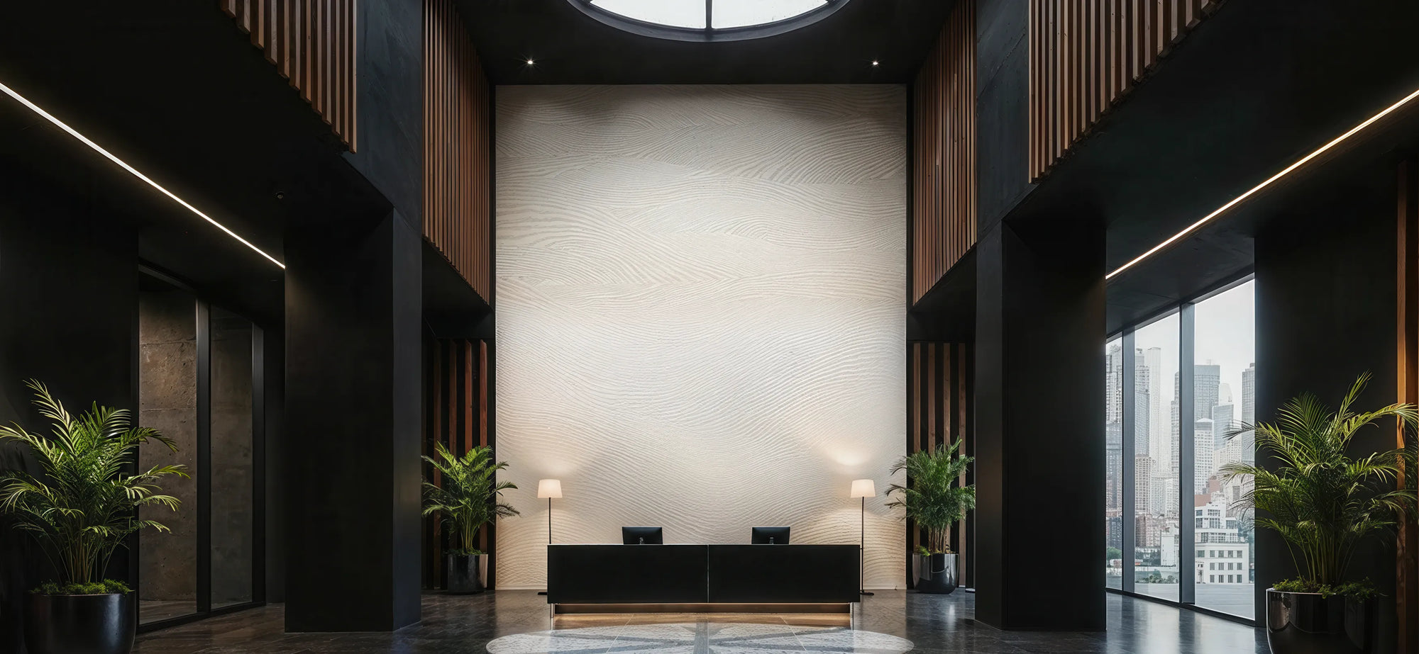Modern interior of a building with a reception desk and large windows. Wallpaper by Buffalo Bunny.
