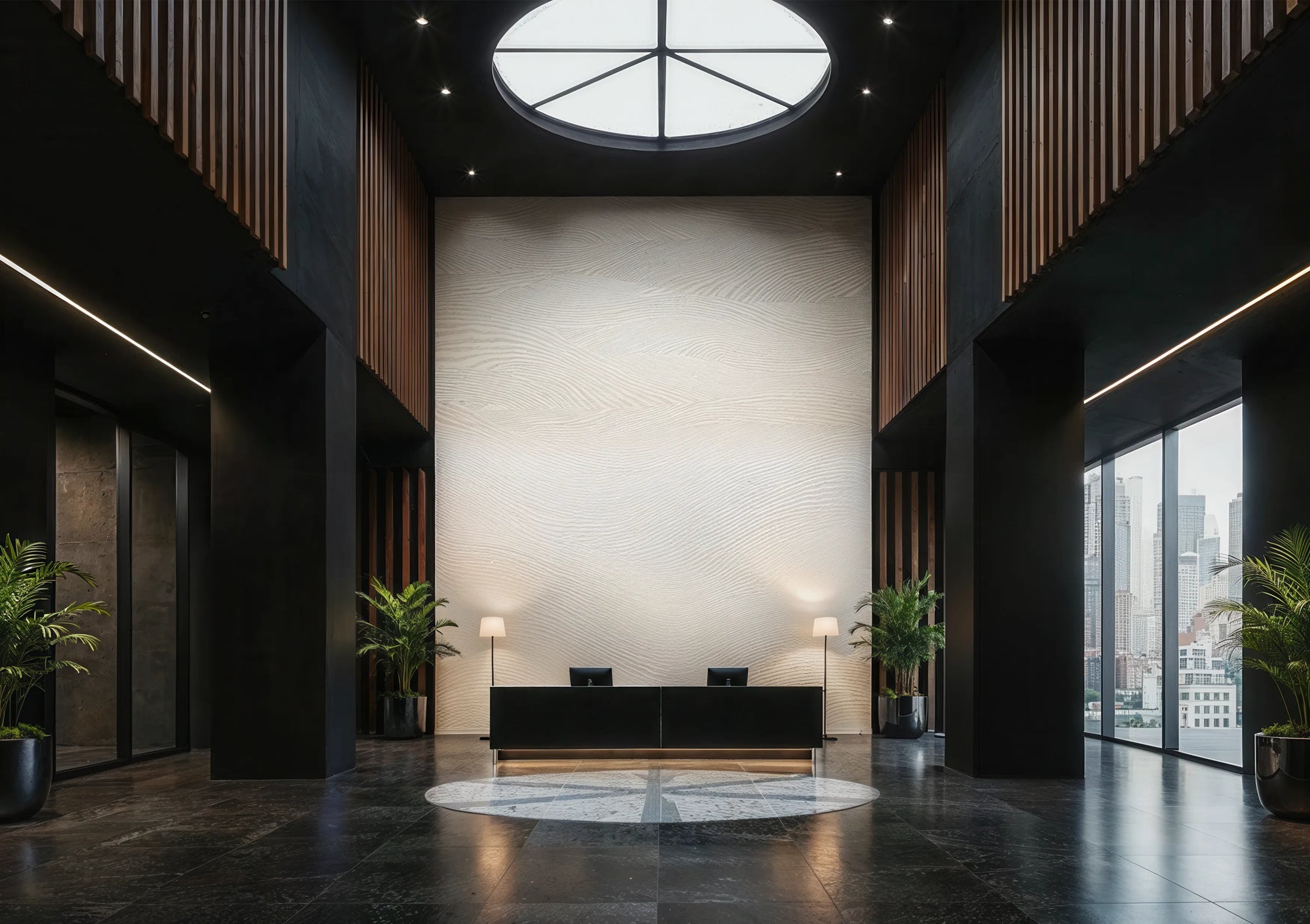 Modern interior of a building with a reception desk and large windows. Wallpaper by Buffalo Bunny.