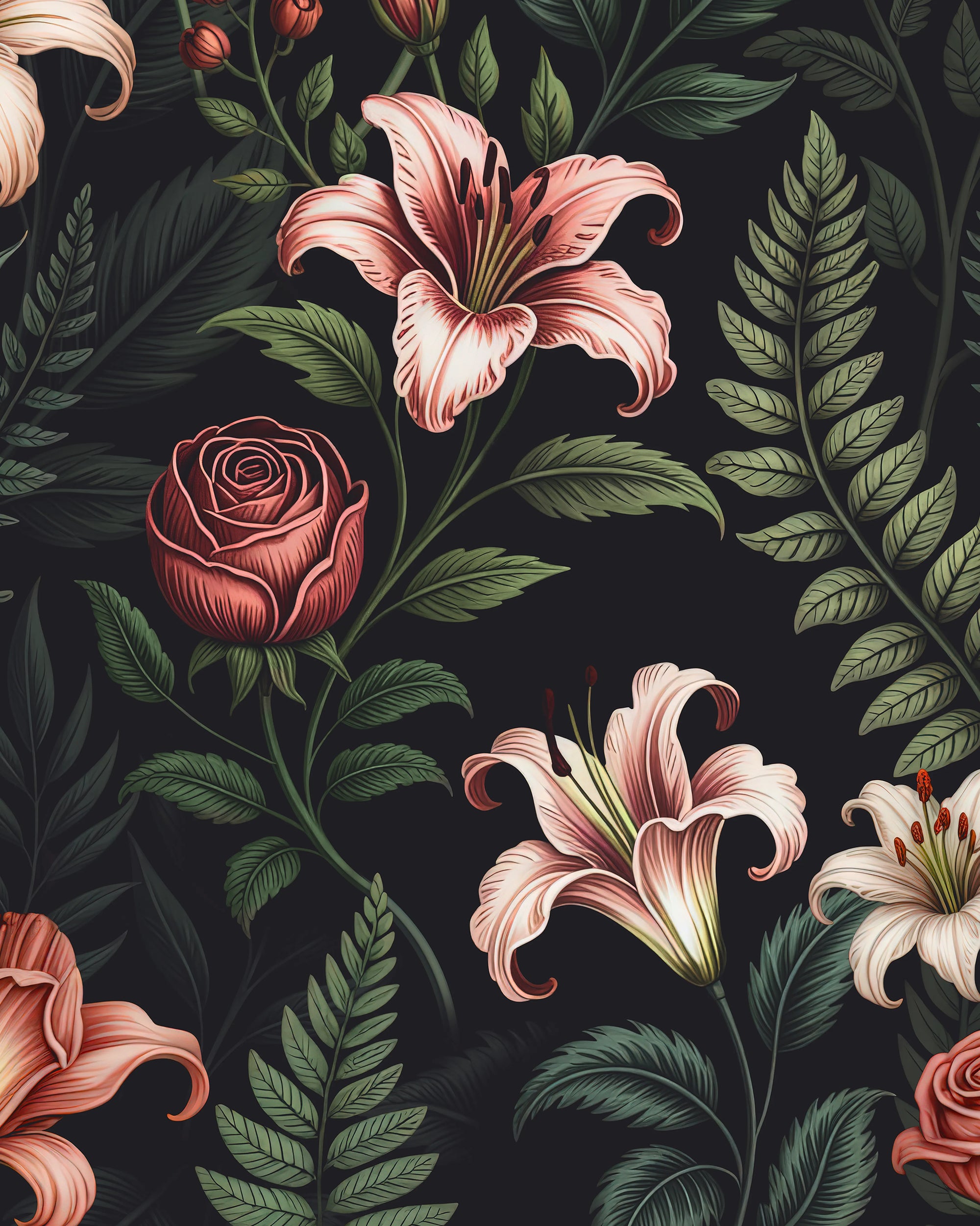 Floral pattern with pink lilies and roses on a dark background by Buffalo Bunny.