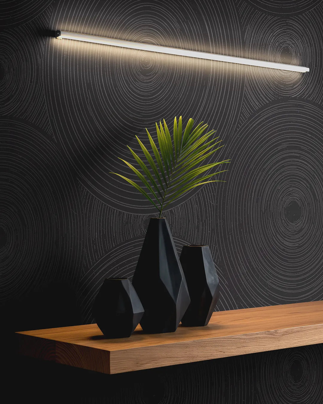 Three black vases with a plant on a wooden shelf against a dark, textured wall with circular patterns by Buffalo Bunny.