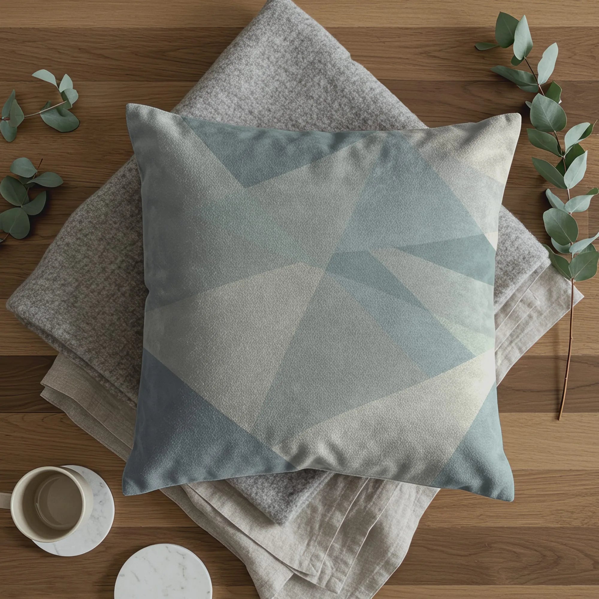 Geometric abstract Buffalo Bunny pillow in muted grey, sage, and cream tones atop layered wool throw with marble coaster and eucalyptus