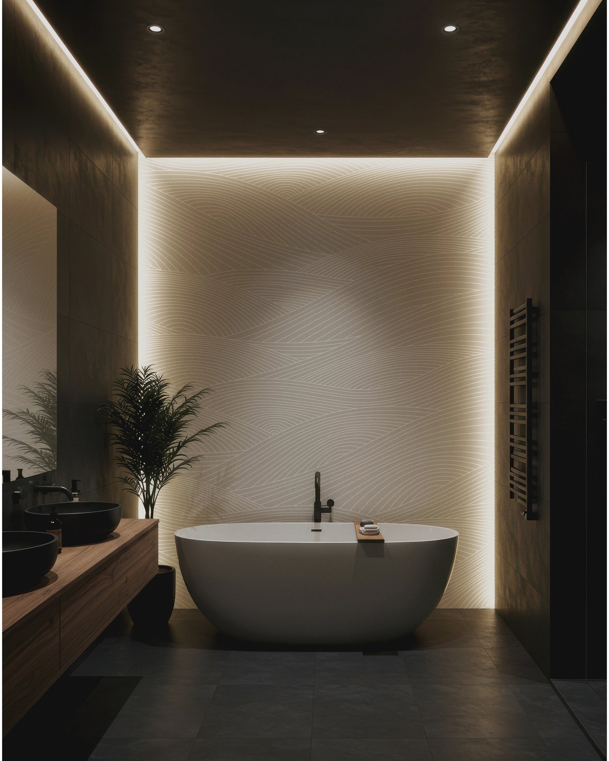 Modern bathroom with a white freestanding bathtub, wooden vanity, plants and wallpaper by Buffalo Bunny.