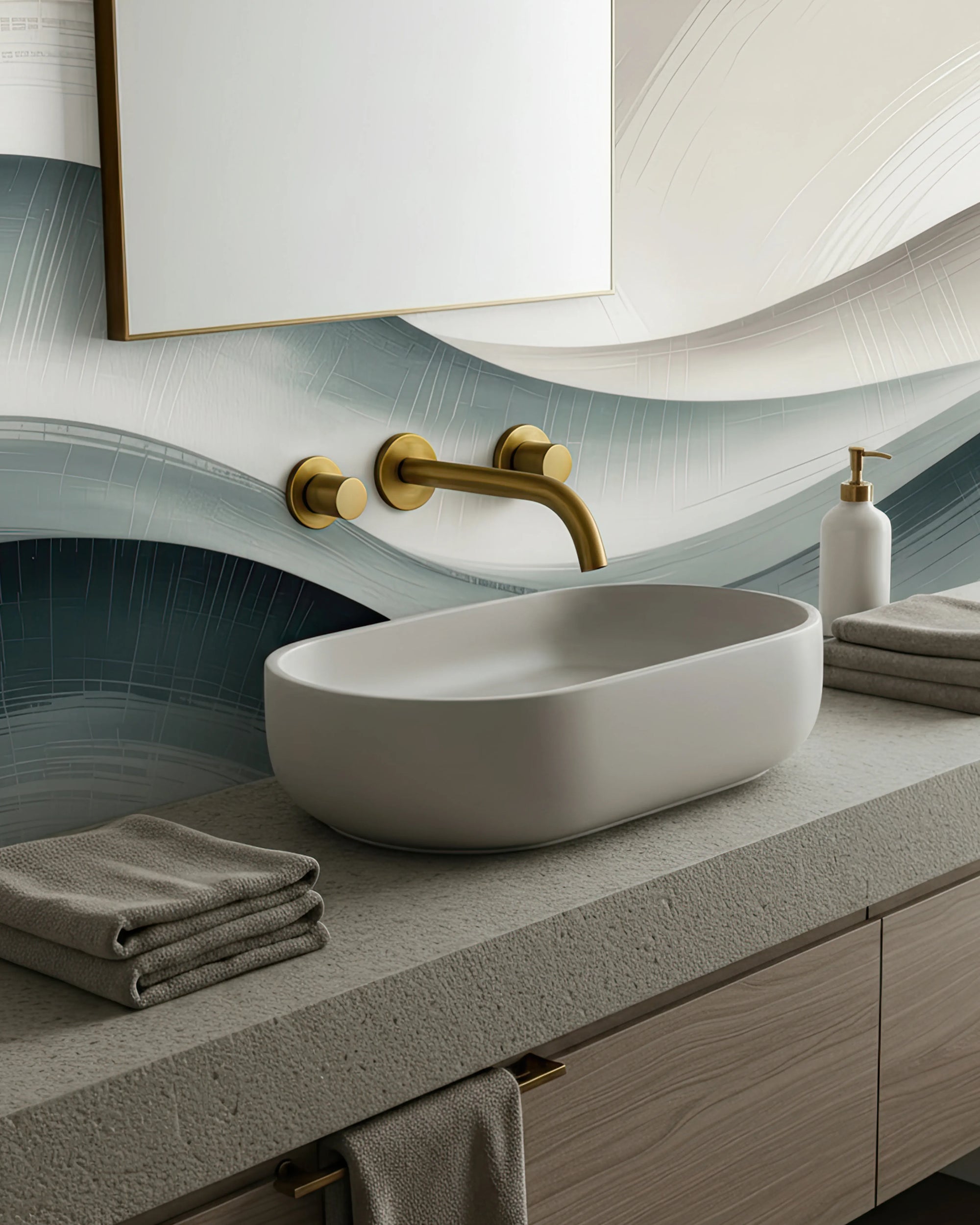Bathroom vanity with white sink, gold faucet, towels, and wallpaper by Buffalo Bunny.