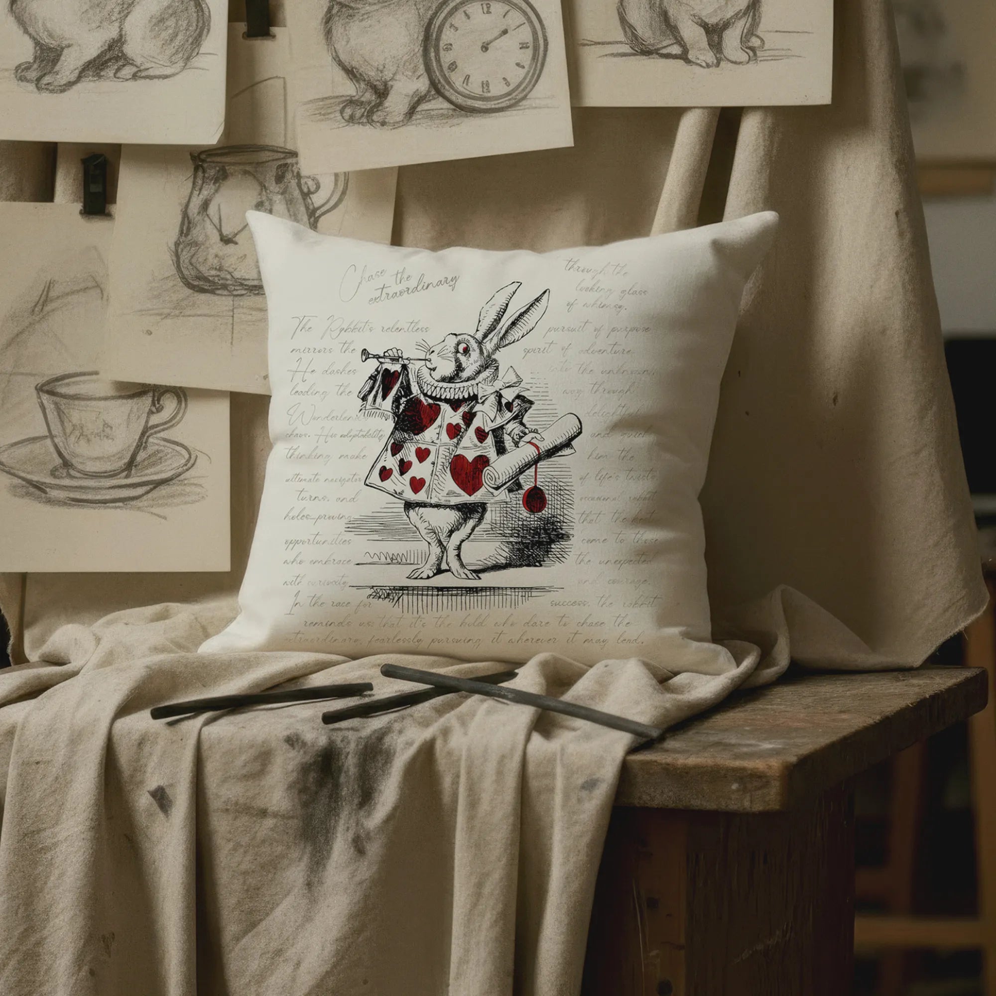 White Rabbit Wonderland Throw Pillow
