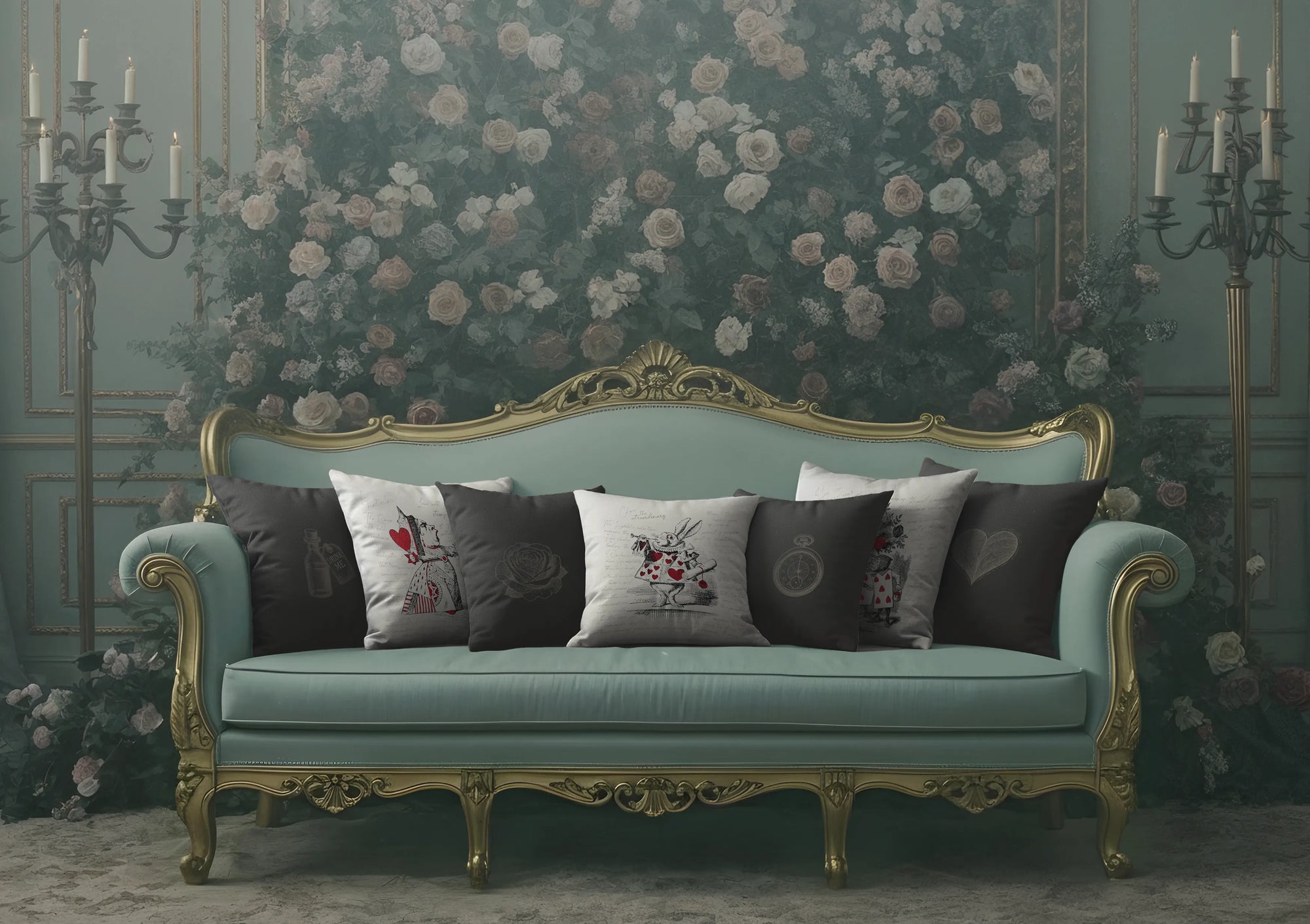 Decorative sofa with Buffalo Bunny throws Alice and wonderland pillows with ornate gold frame and floral wall in the background