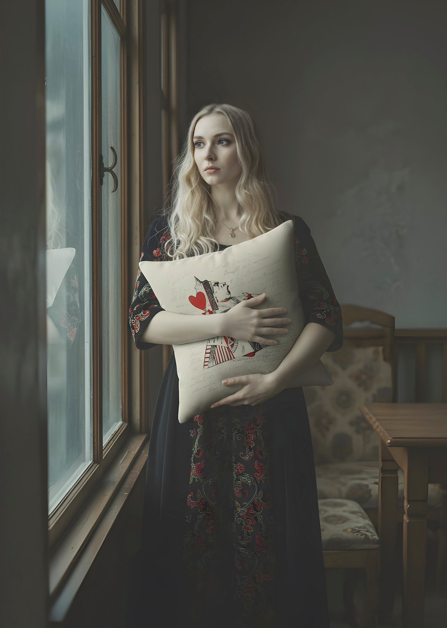 Woman holding a decorative Buffalo Bunny throw pillow by a window in a dimly lit room.
