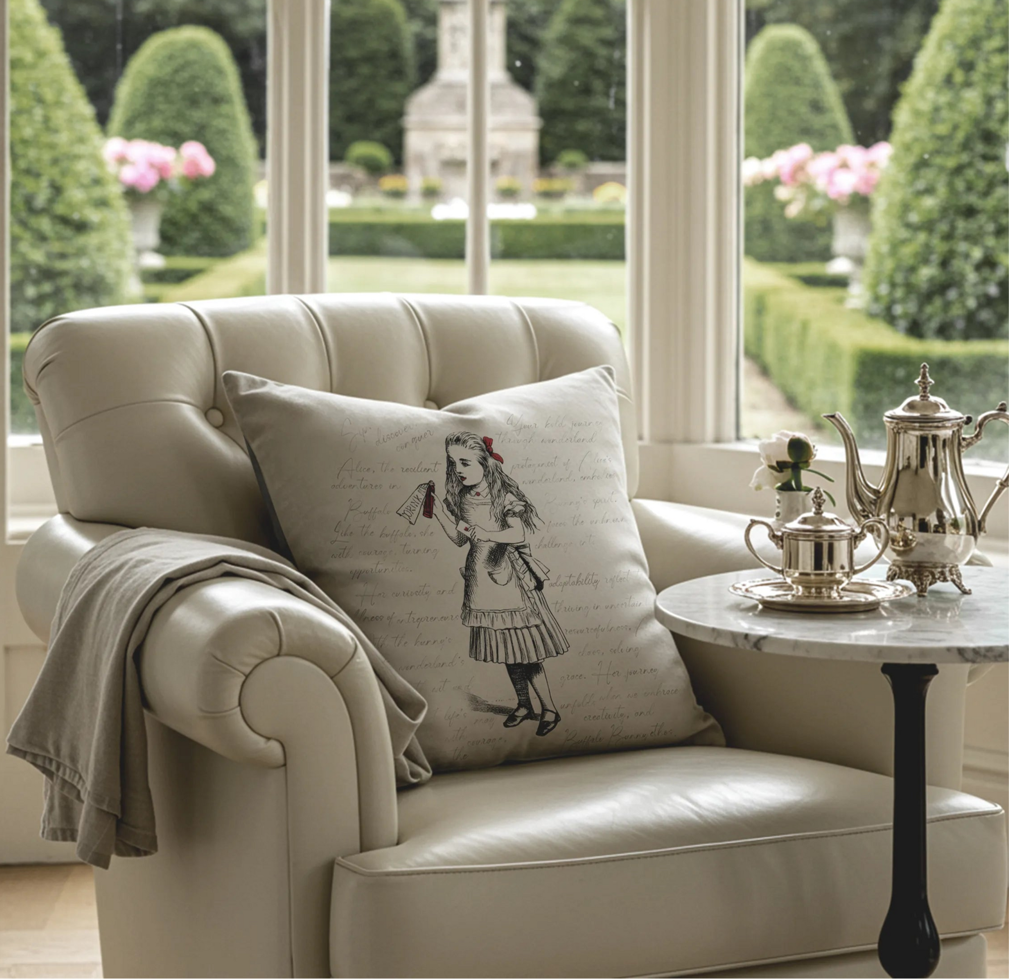 Beige armchair with a decorative throw pillow by Buffalo Bunny and teapot set in a room with large windows showing a garden view.