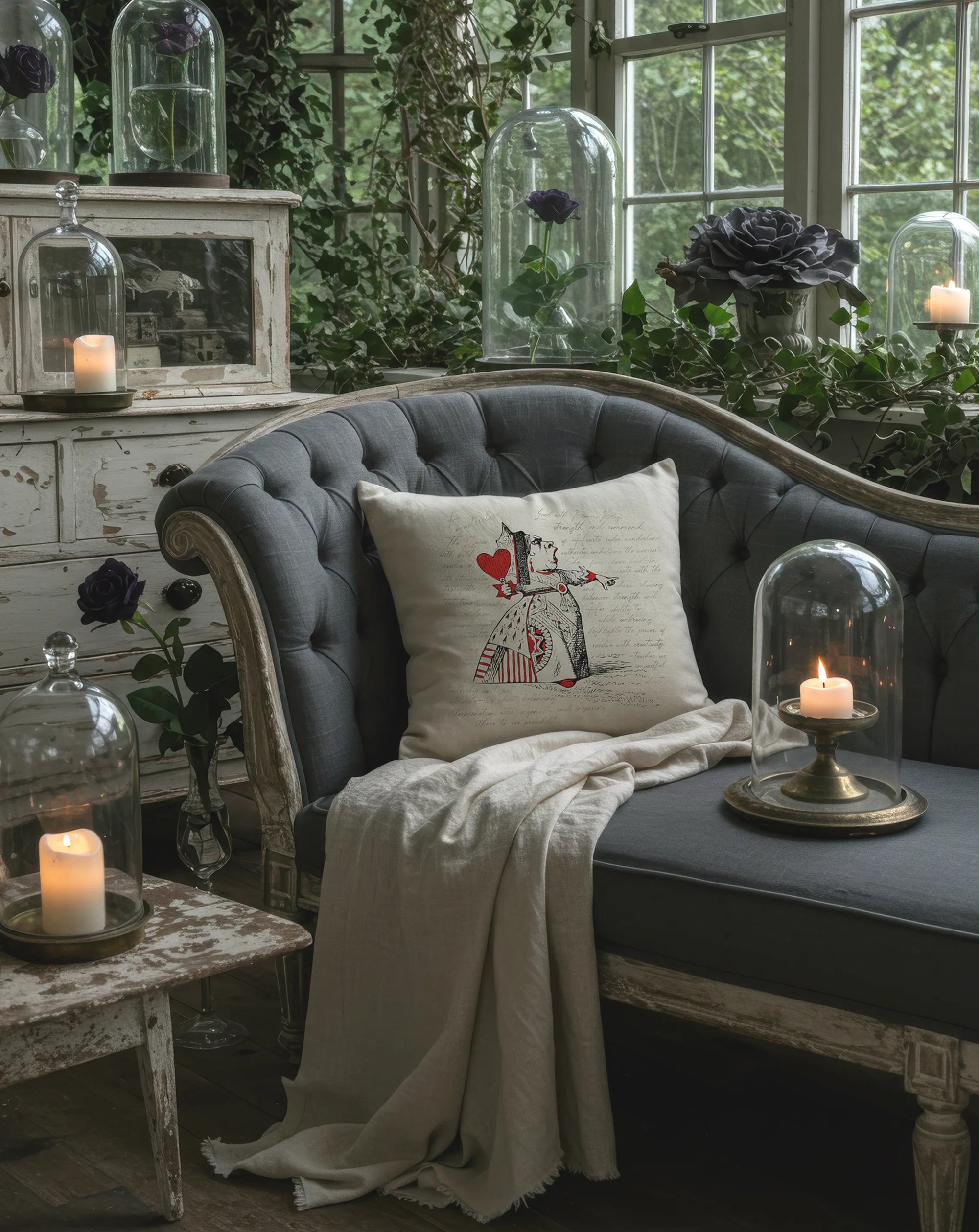 Gray tufted sofa with decorative throw pillow  by Buffalo Bunn and candles in a cozy room with greenery