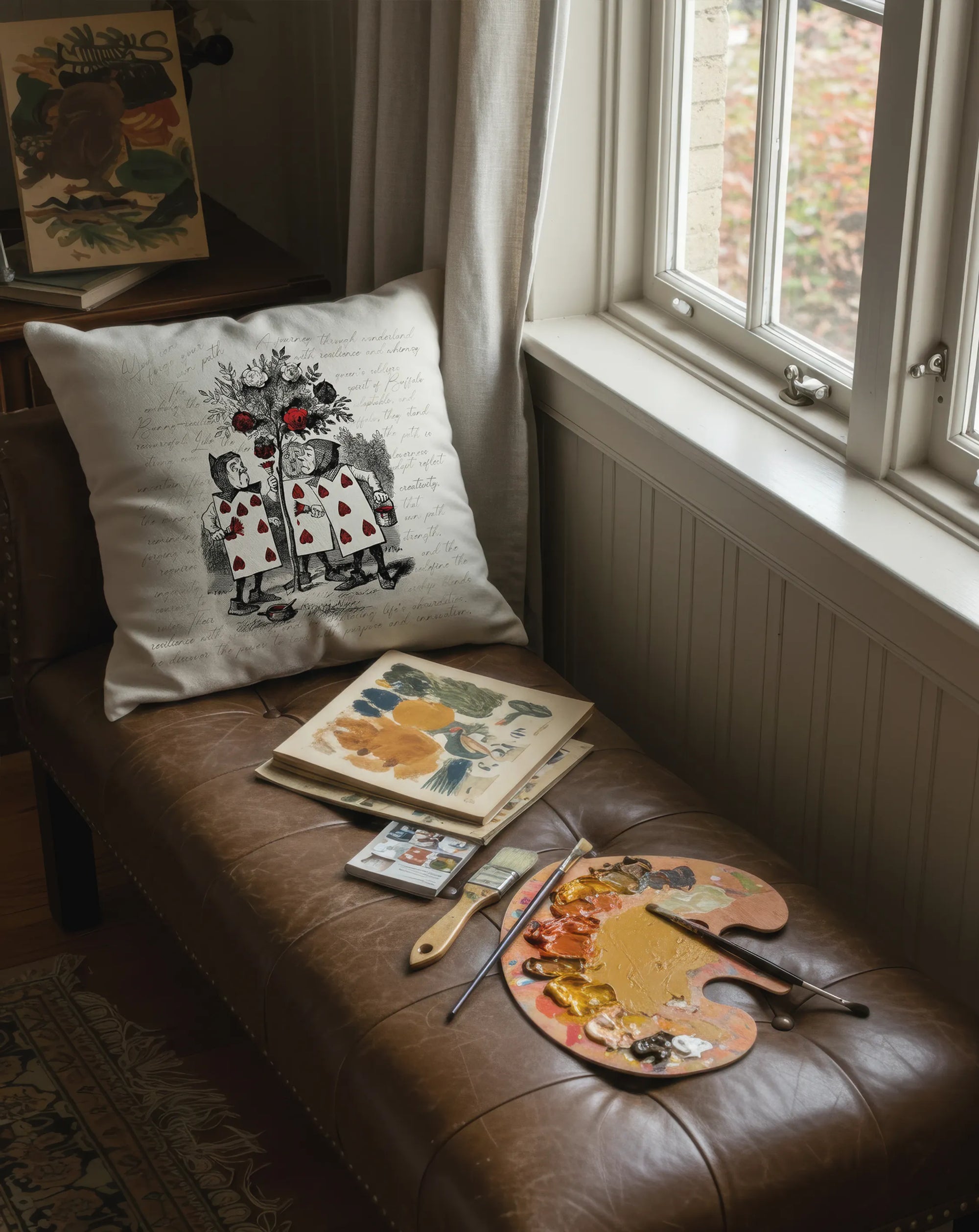 Decorative throw pillow design by Buffalo Bunny on a leather bench next to a window.