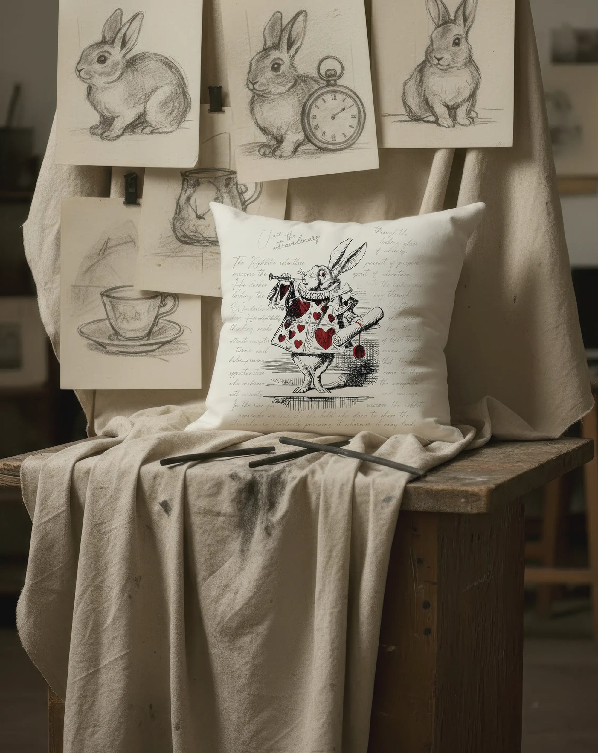 Decorative throw pillow by Buffalo Bunny with a rabbit design on a wooden chair with drawings in the background
