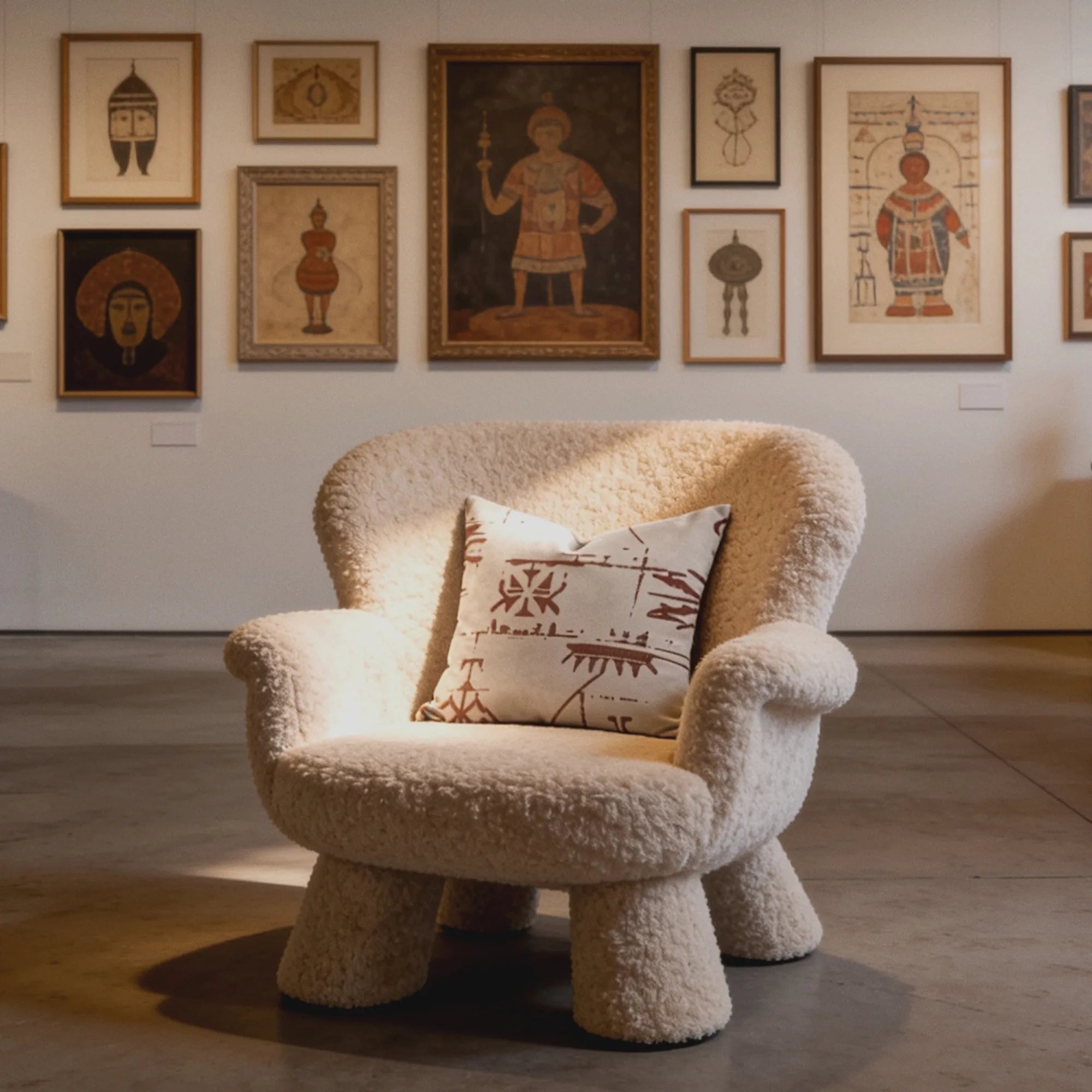 Ancient Glyph Script throw pillow on a cream bouclé chair before a gallery wall of framed folk art