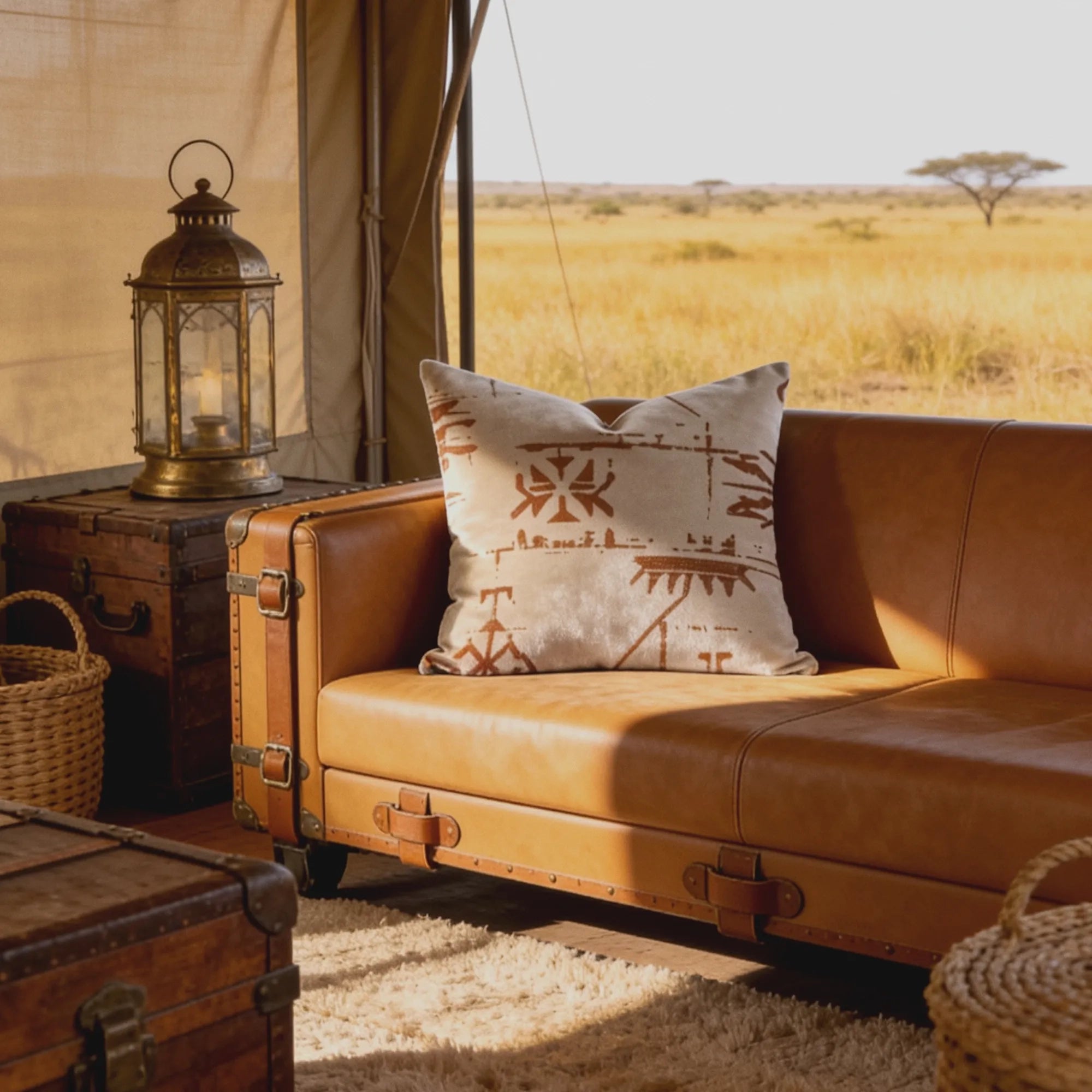 Ancient Glyph Script throw pillow on a tan leather sofa inside an open safari tent overlooking golden savanna