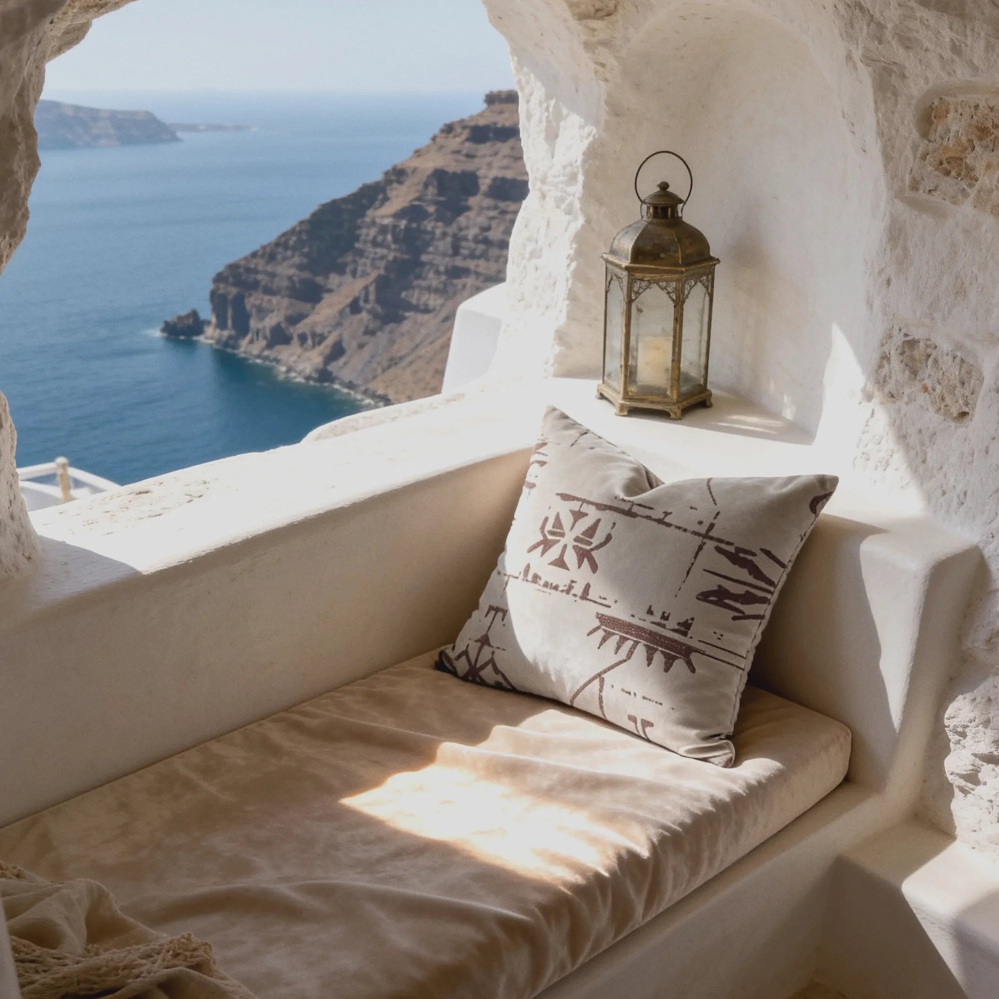 Ancient Glyph Script throw pillow on a whitewashed stone alcove seat with dramatic sea cliff views beyond