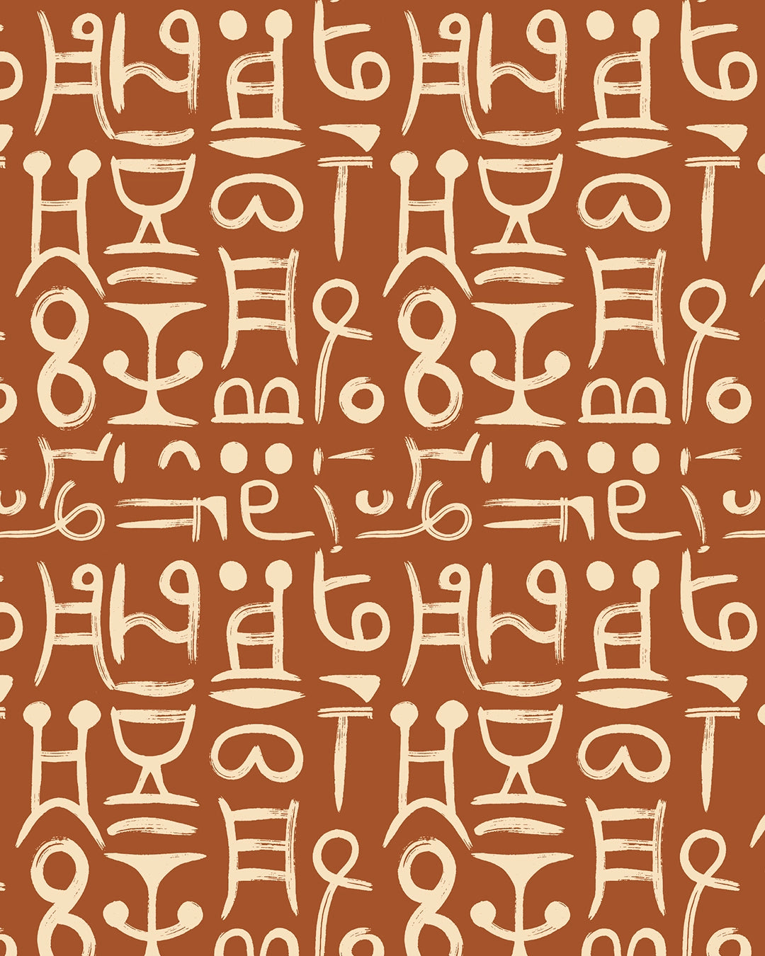 Ancient Script wallpaper flat swatch with cream hand-drawn glyphs on warm terracotta