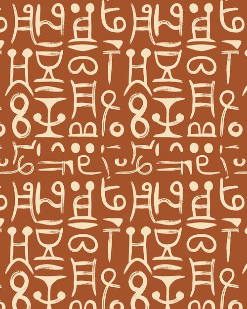 Ancient Script wallpaper flat swatch with cream hand-drawn glyphs on warm terracotta