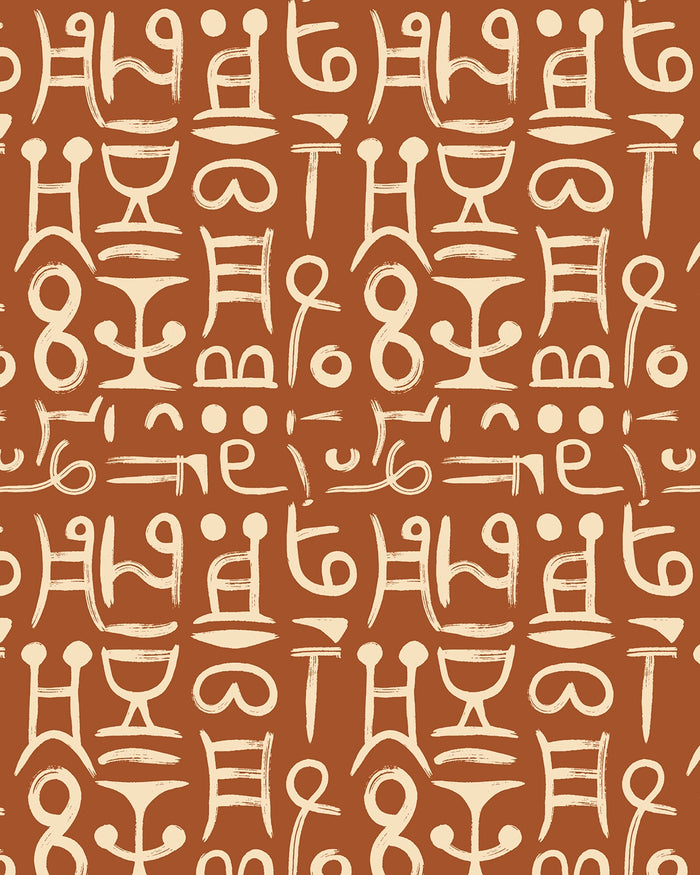Ancient Script wallpaper flat swatch with cream hand-drawn glyphs on warm terracotta