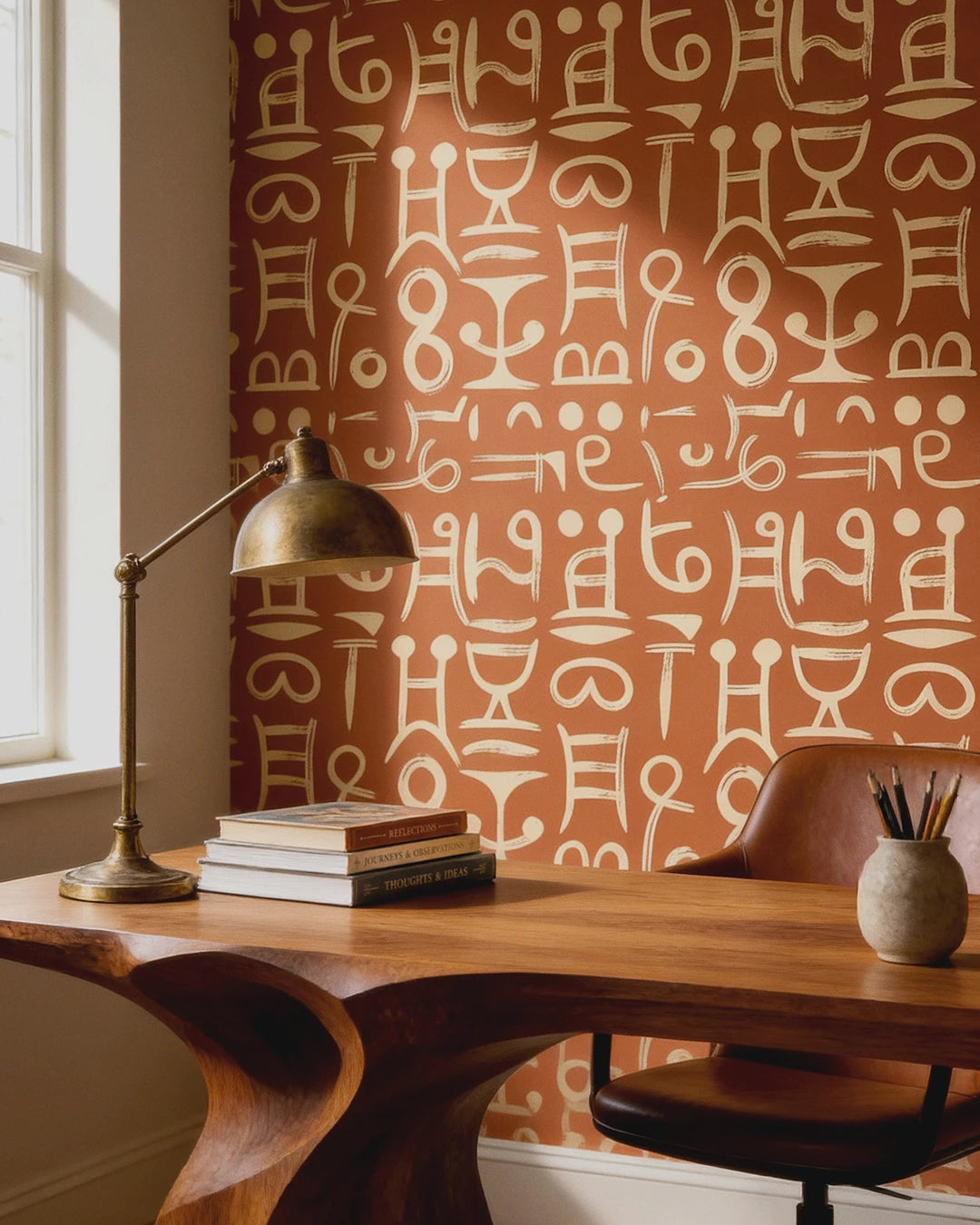 Wooden desk with lamp and books against a wall with Ancient Script Wallpaper 