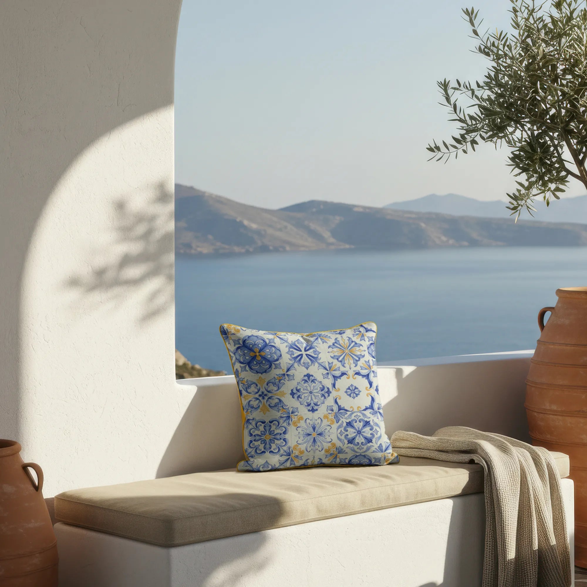 Azzurro Tile Motif Mediterranean Throw Pillow