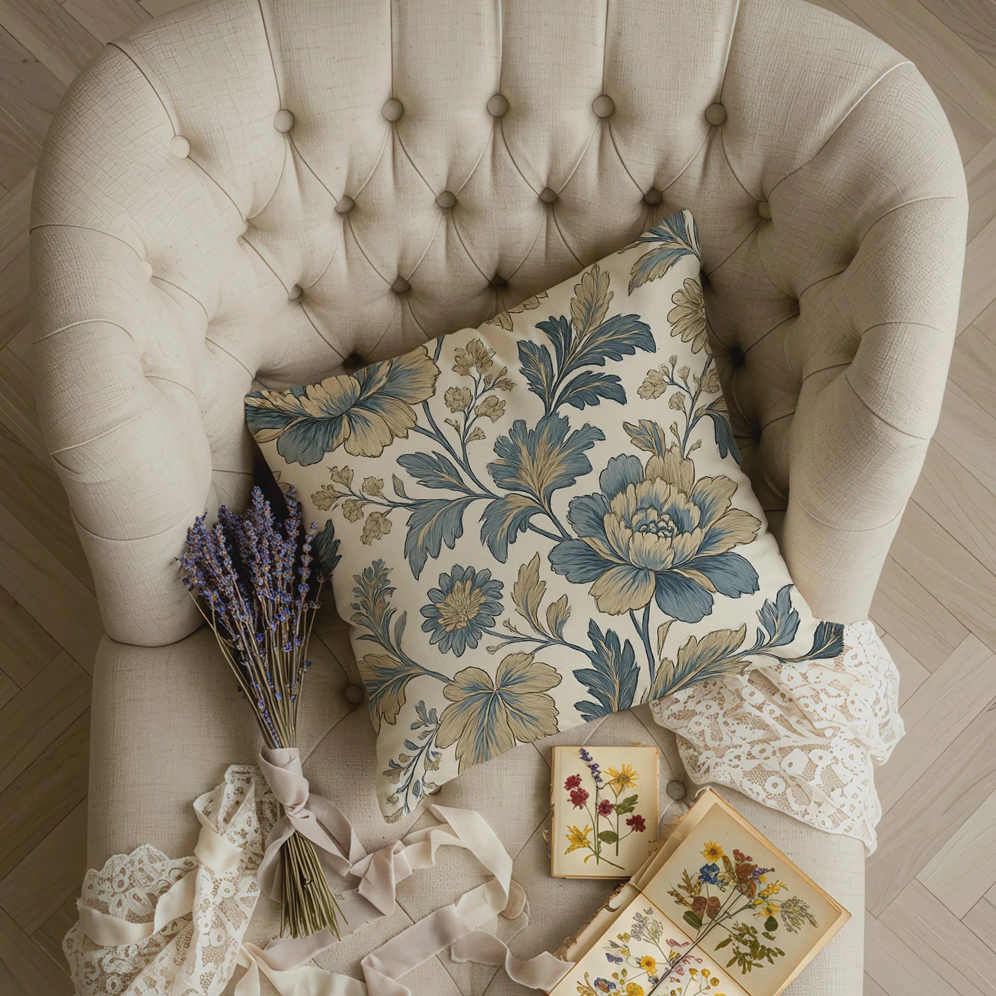 Floral throw pillow with large blue and beige botanical pattern on ivory background, placed on tufted cream armchair with lace and lavender.