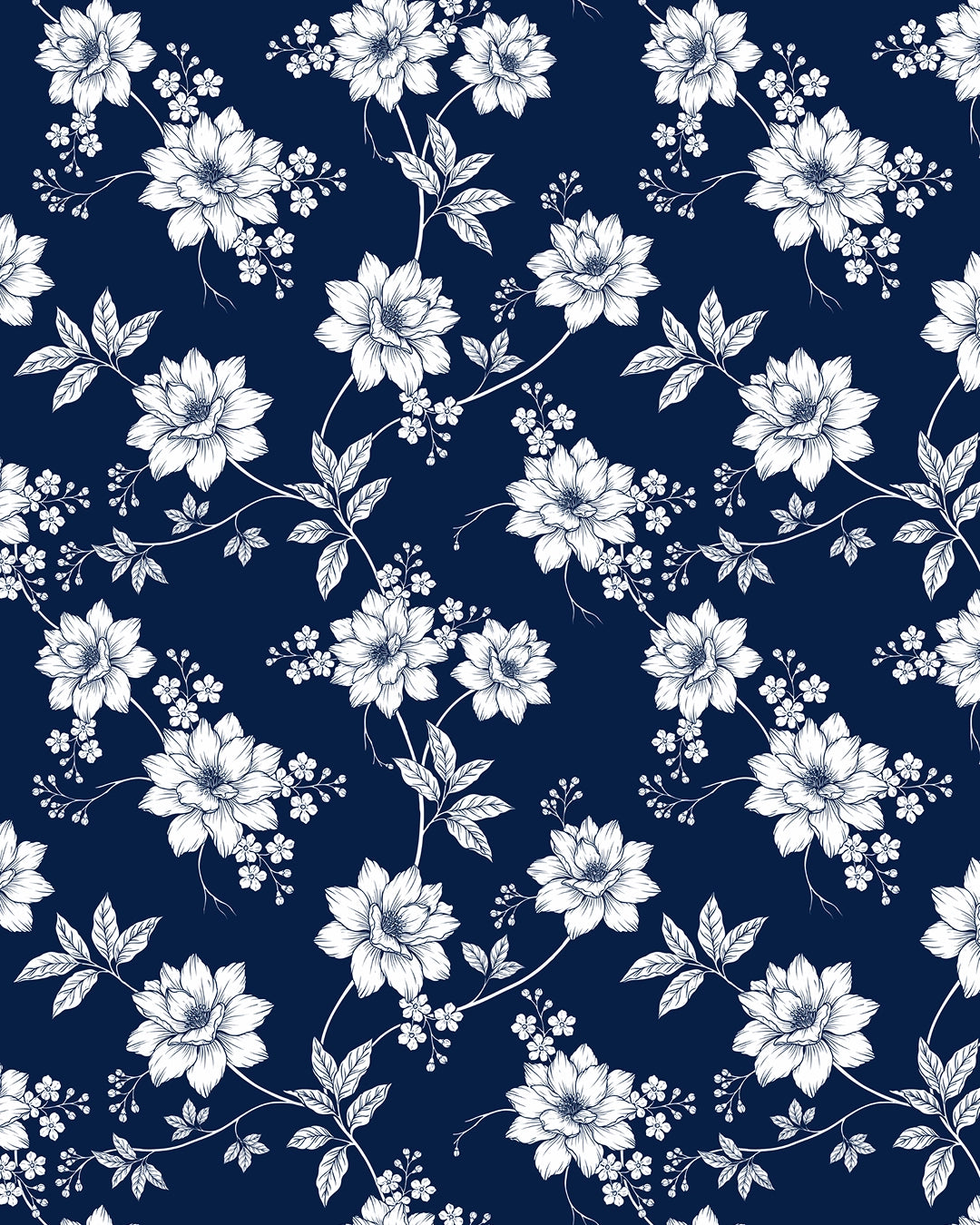 Blue Porcelain Garden wallpaper: white botanical blooms and trailing vines on deep navy blue