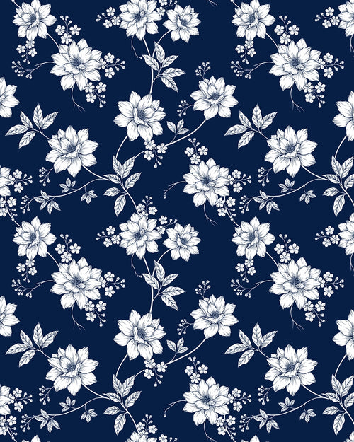 Blue Porcelain Garden wallpaper: white botanical blooms and trailing vines on deep navy blue