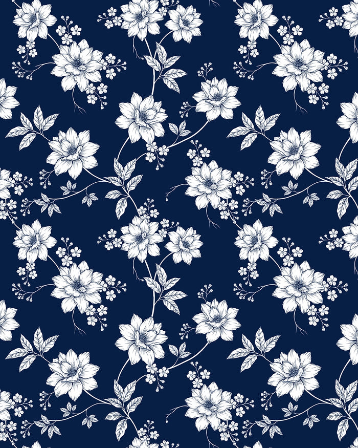 Blue Porcelain Garden wallpaper: white botanical blooms and trailing vines on deep navy blue