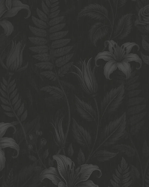 Dark floral pattern with leaves and flowers on a black background by Buffalo Bunny.