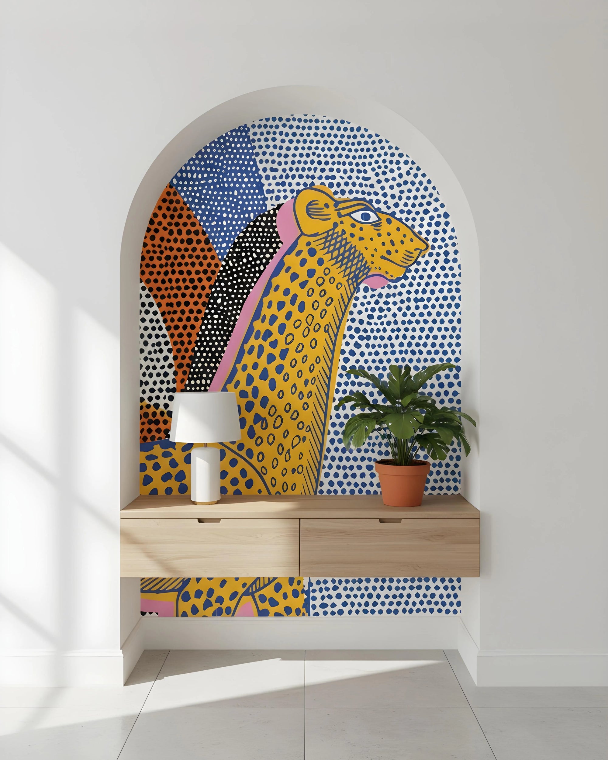 Wall with colorful leopard mural and geometric patterns by Buffalo Bunny, featuring a wooden shelf.