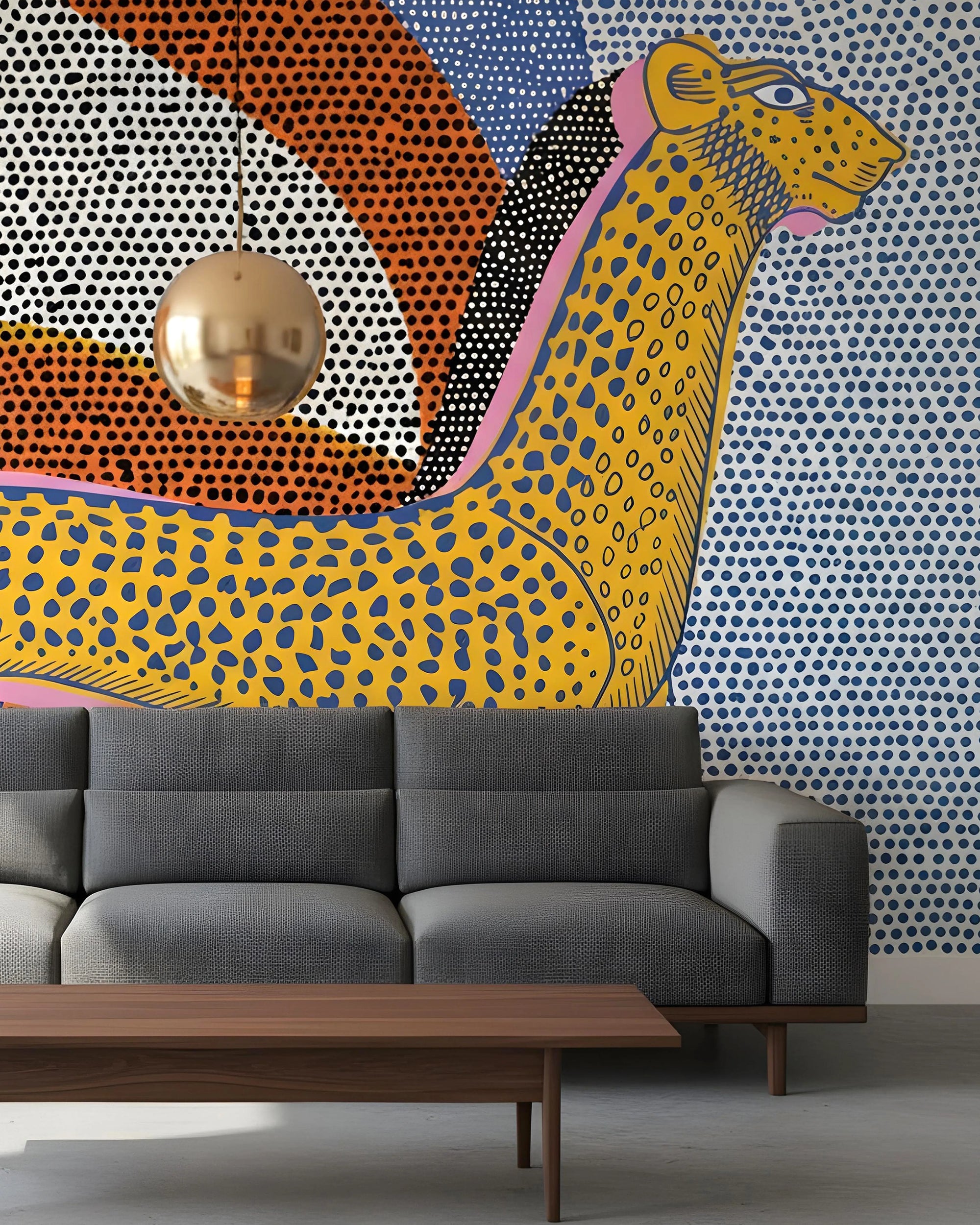 Modern living room with a colorful abstract wall mural featuring a leopard by Buffalo Bunny.