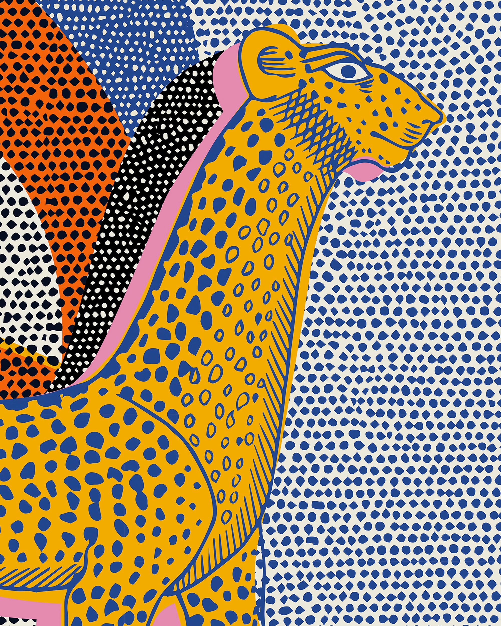Colorful abstract design with a leopard on a patterned background by Buffalo Bunny.