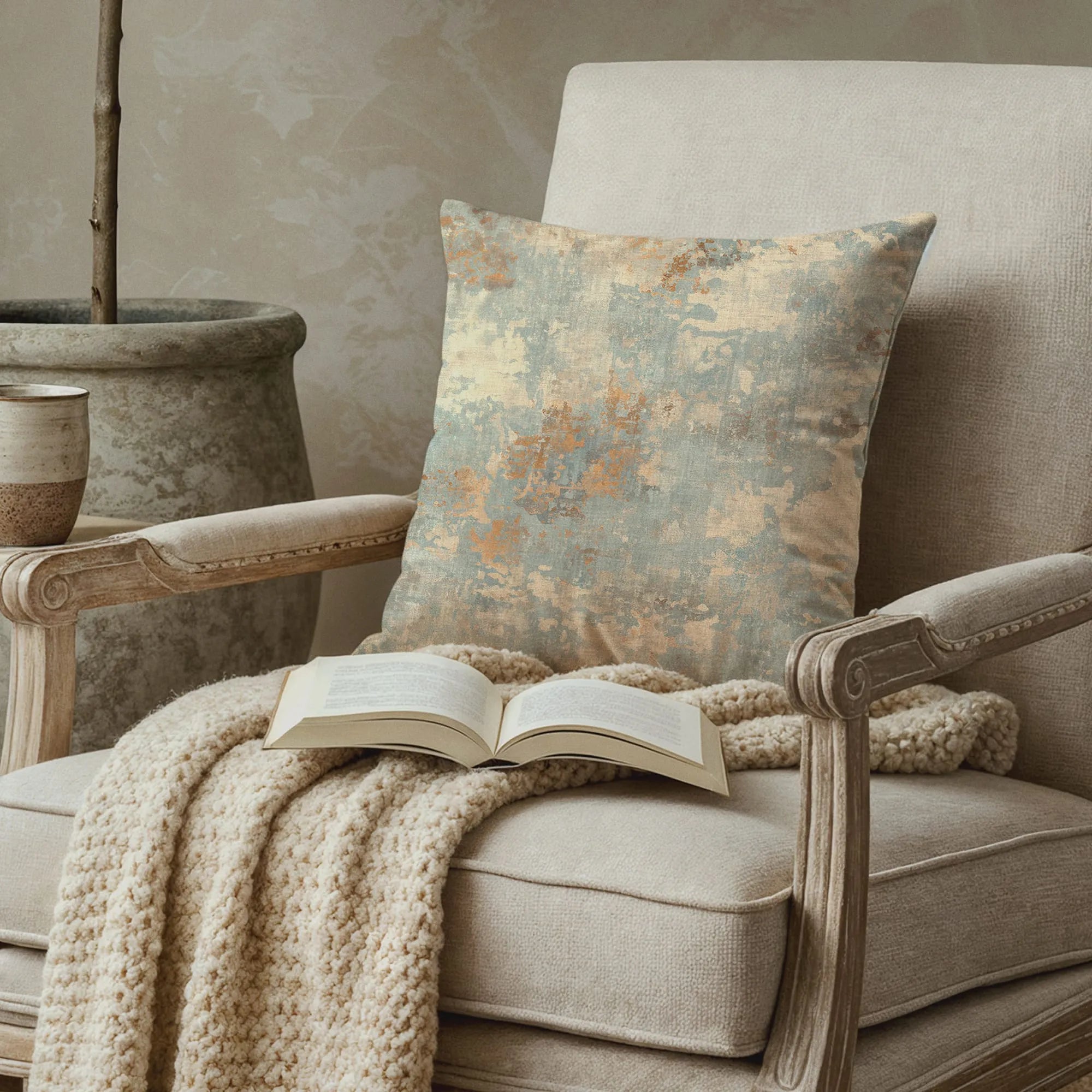 Throw pillow with muted blue and beige abstract pattern on rustic armchair with chunky knit blanket and open book.