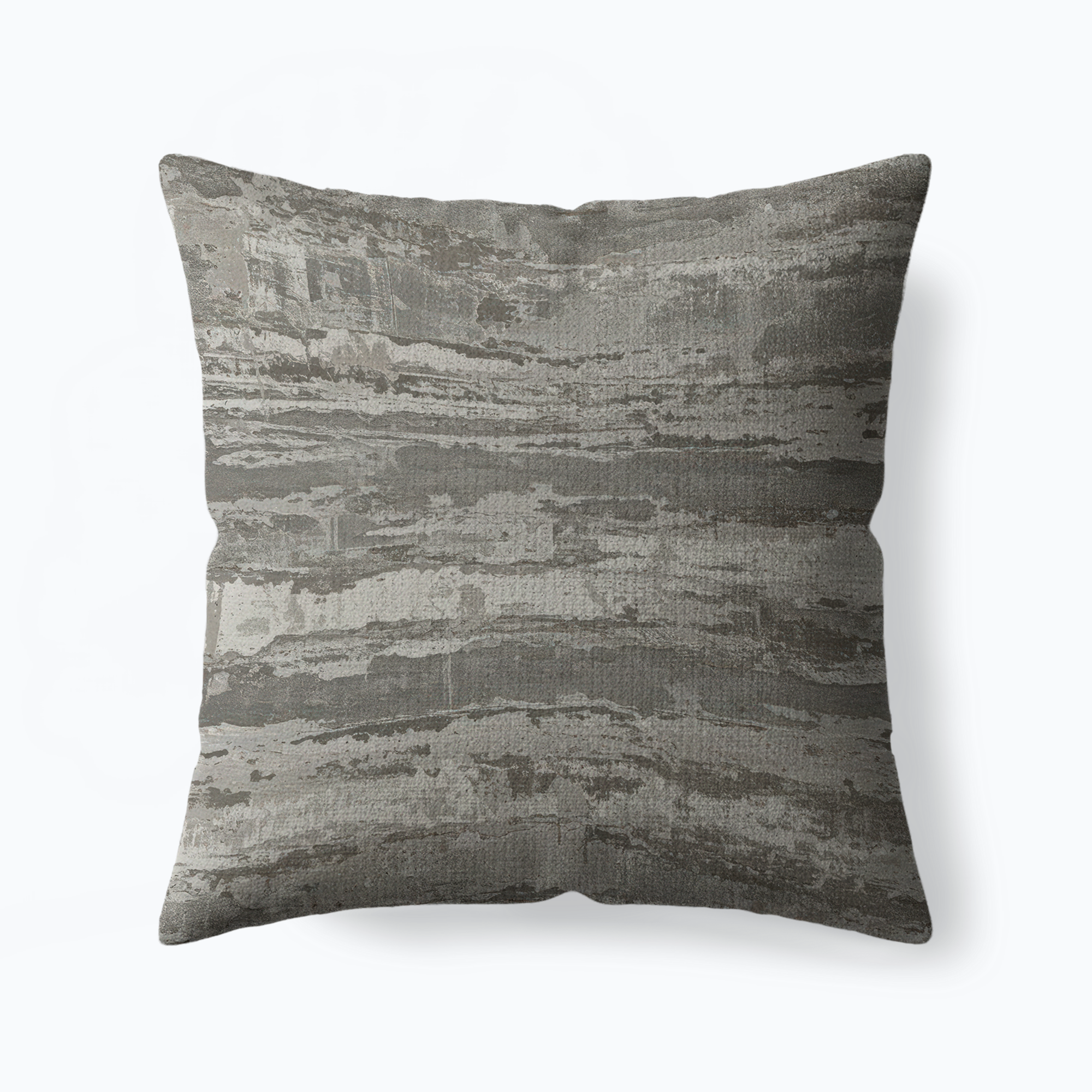 Gray throw pillow with abstract horizontal textured pattern in layered stone-like tones.