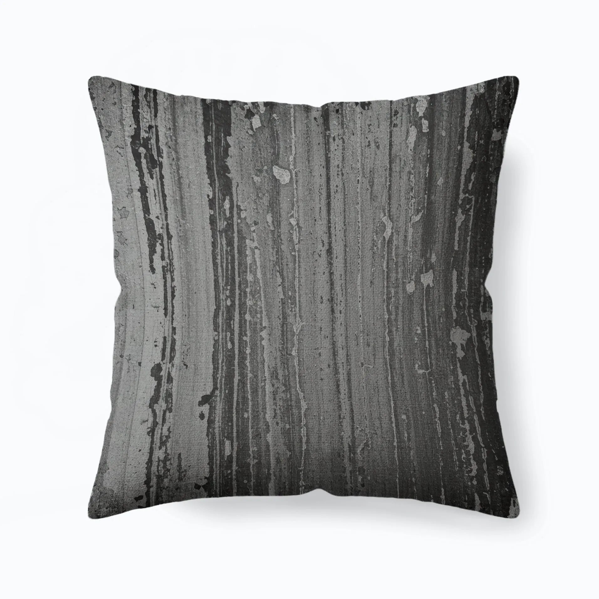 Dark gray throw pillow with vertical abstract drip and streak pattern in varying shades of gray.