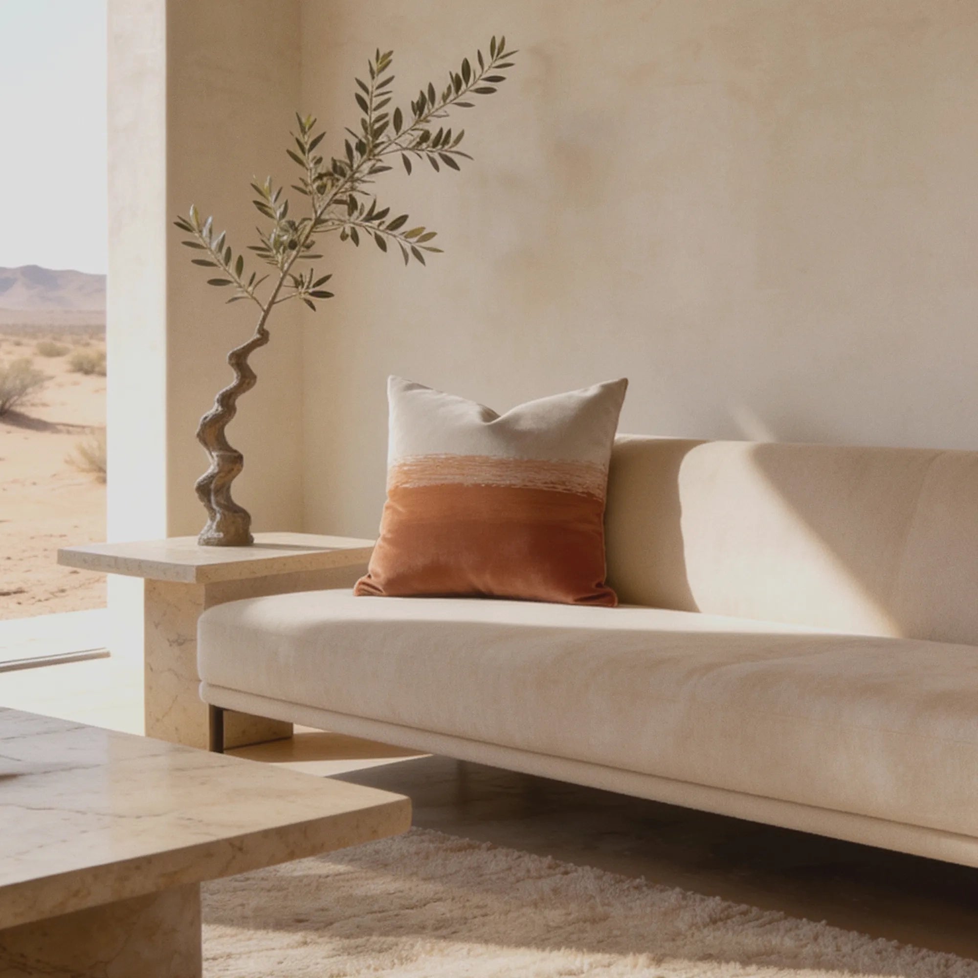 Desert Horizon throw pillow on a cream linen sofa with a desert landscape visible through an open wall