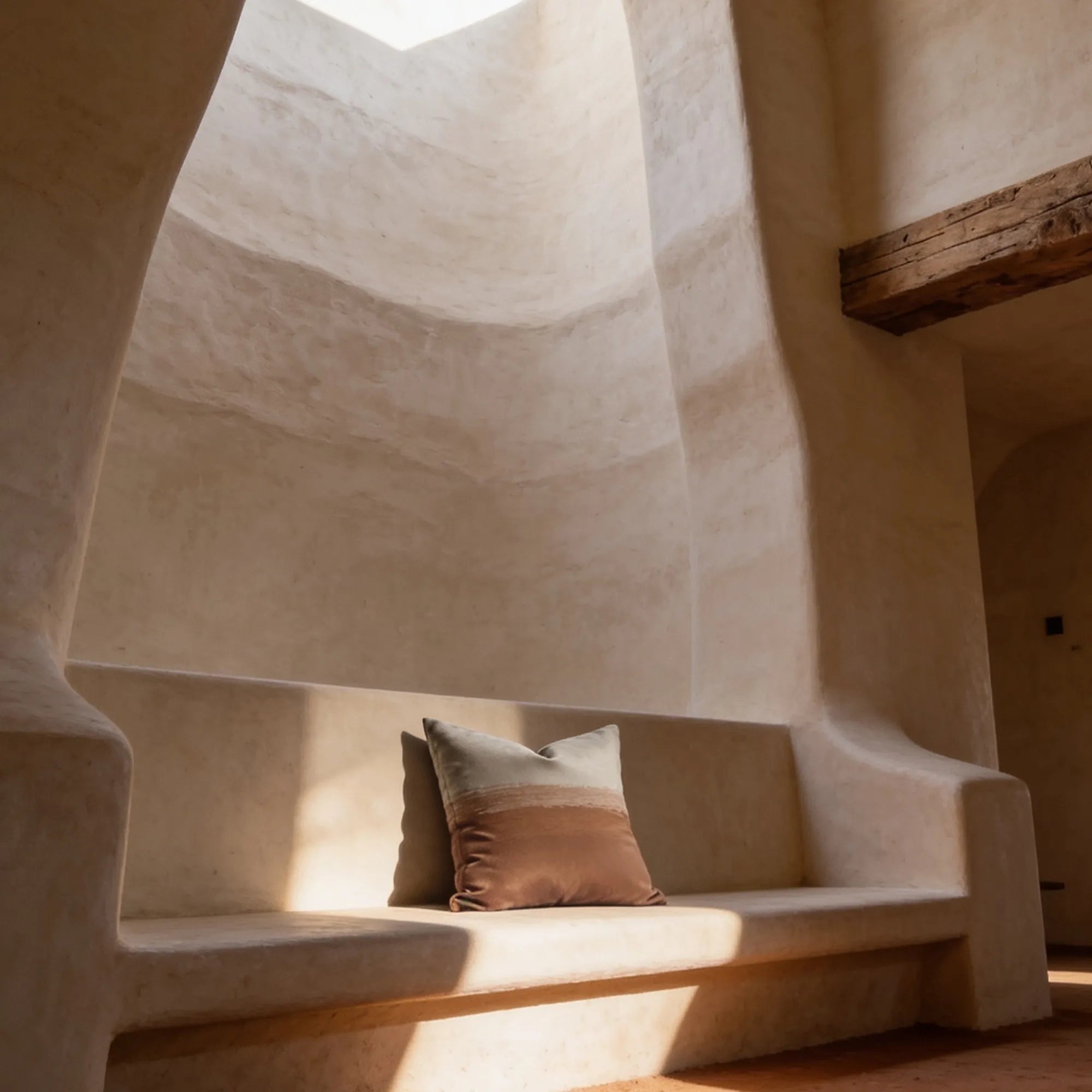 Desert Horizon throw pillow on a plastered adobe bench beneath a skylight with exposed wooden beam