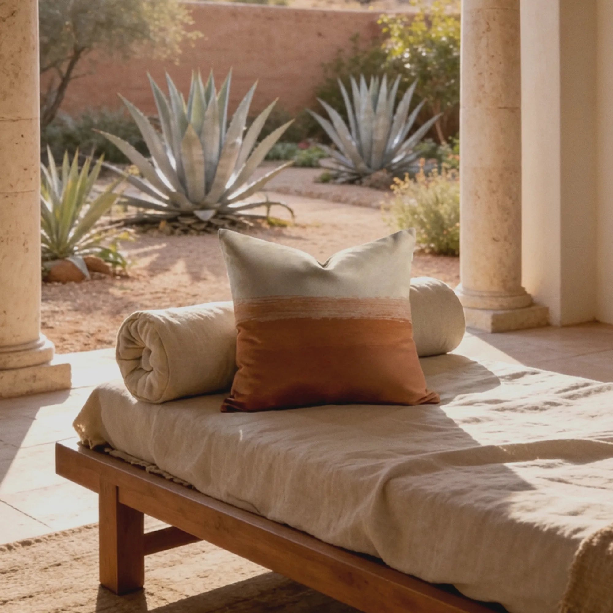 Desert Horizon throw pillow on a linen daybed under a stone colonnade with agave plants behind