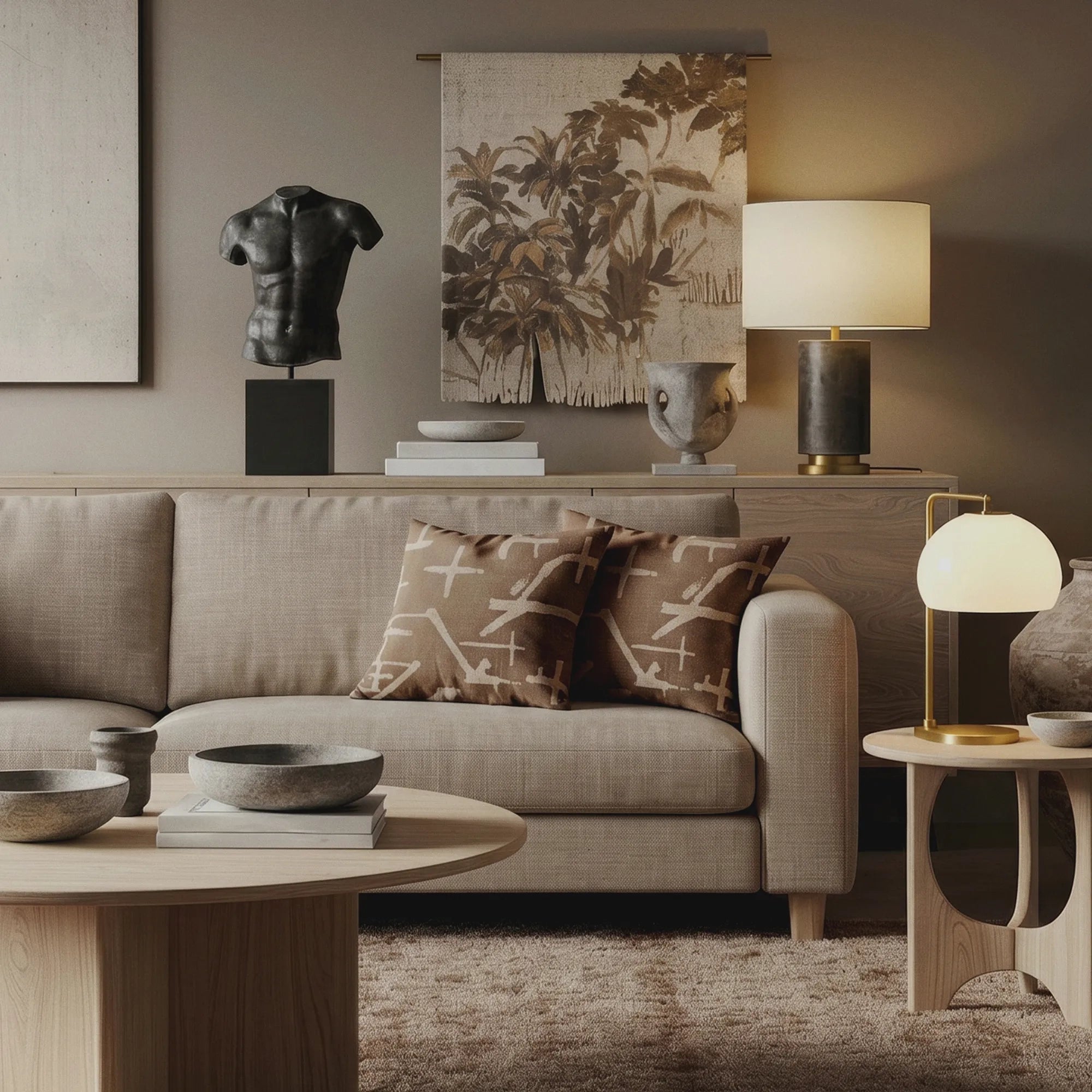 Desert Mark throw pillow in warm brown with abstract marks on a beige sofa beside sculptural decor