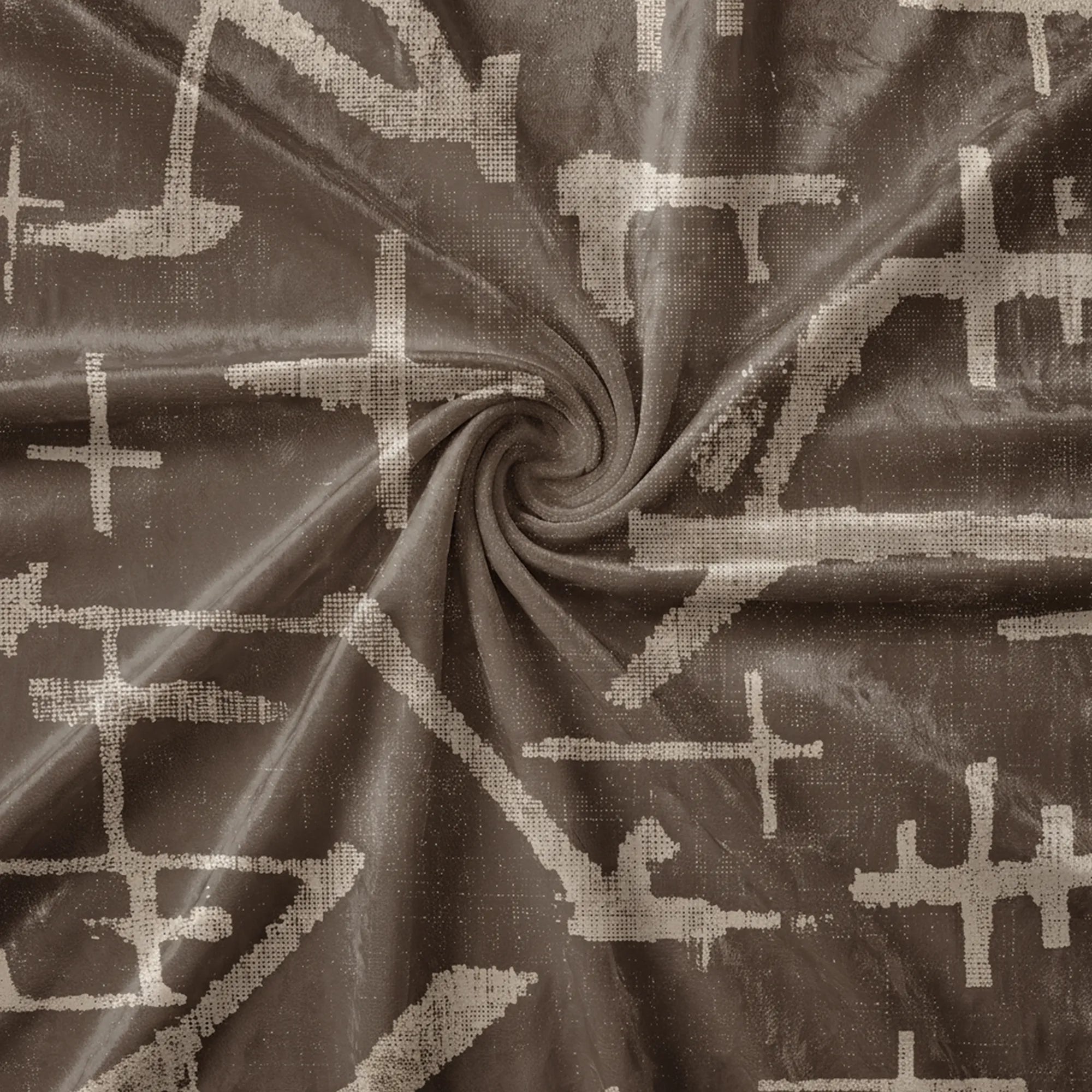 Desert Mark fabric swirled to show sandy abstract cross-and-line marks on dark brown velvet