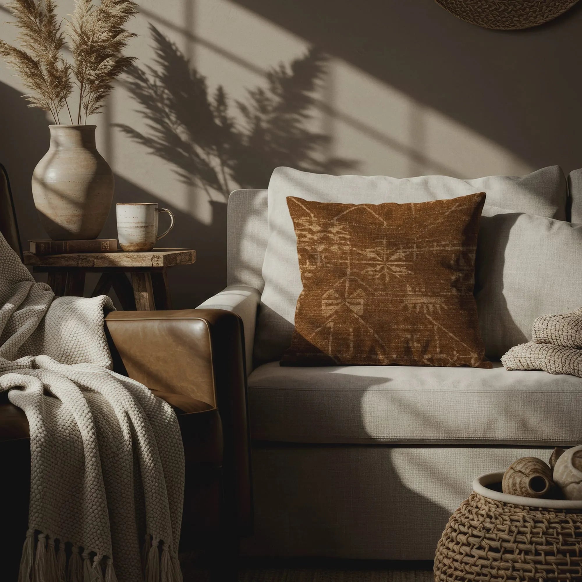 Brown throw pillow with faded tribal-inspired geometric pattern on light beige armchair in cozy, sunlit living space.