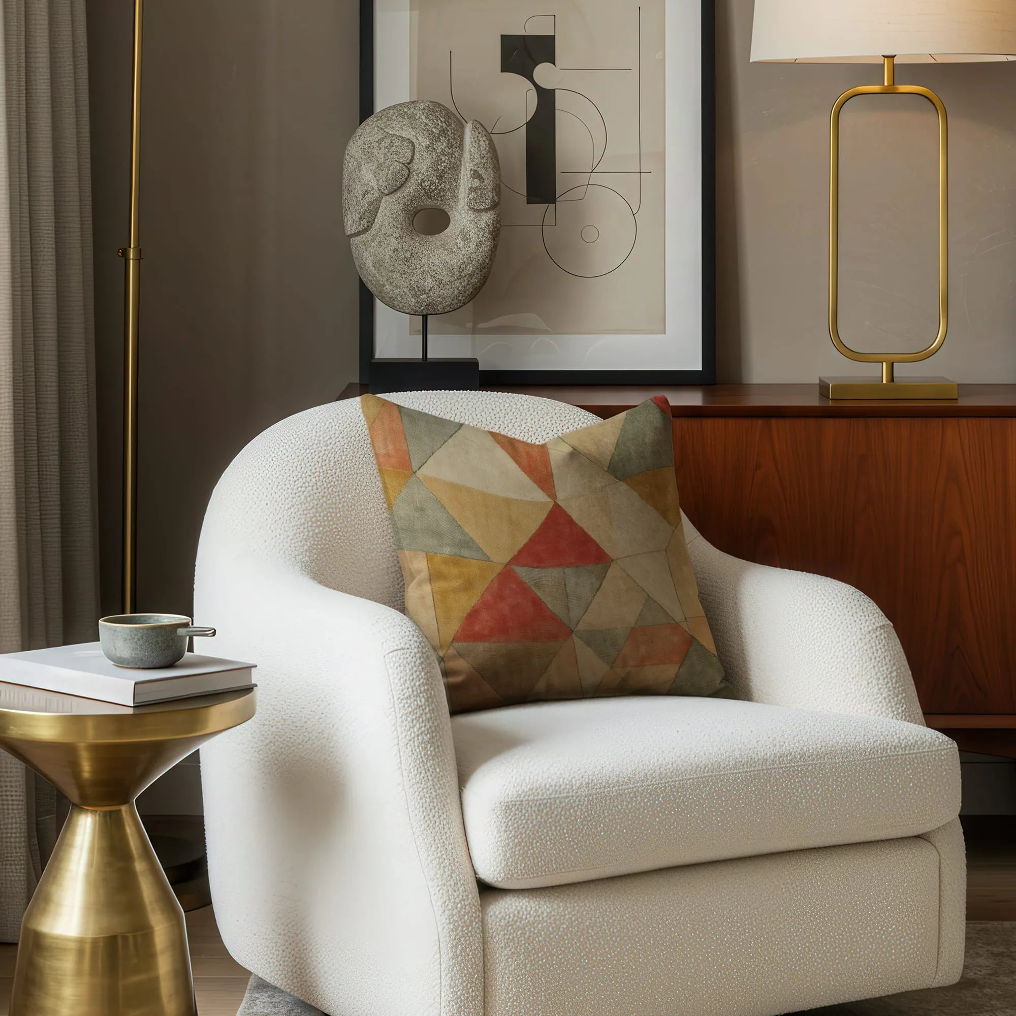 Geometric throw pillow with muted red, olive, mustard, and beige triangles on textured white armchair in modern living room.