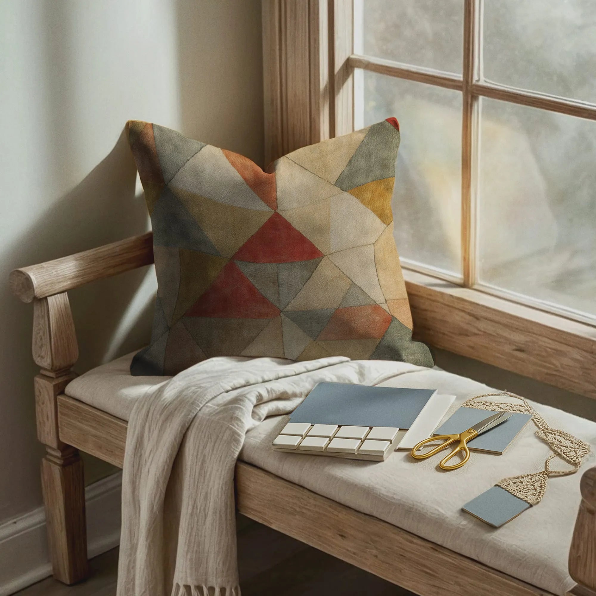 Geometric throw pillow with earthy multicolor triangles in muted red, olive, beige, and gold on rustic wooden bench by window.
