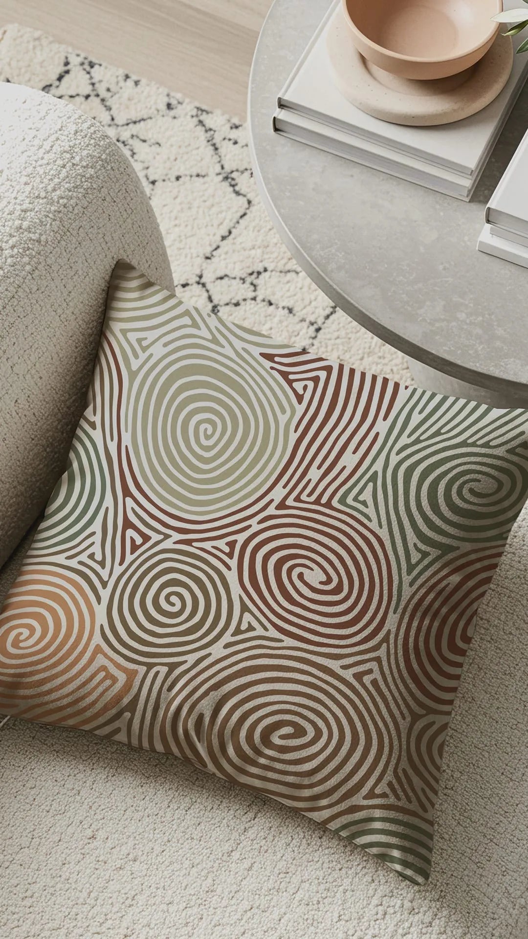 Decorative Buffalo Bunny pillow with earthy spiral patterns in green, beige, and terracotta tones on neutral textured rug beside round table.